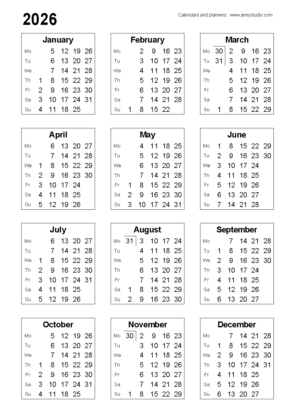 2026 Printable Calendar One Page Paper Trail Design