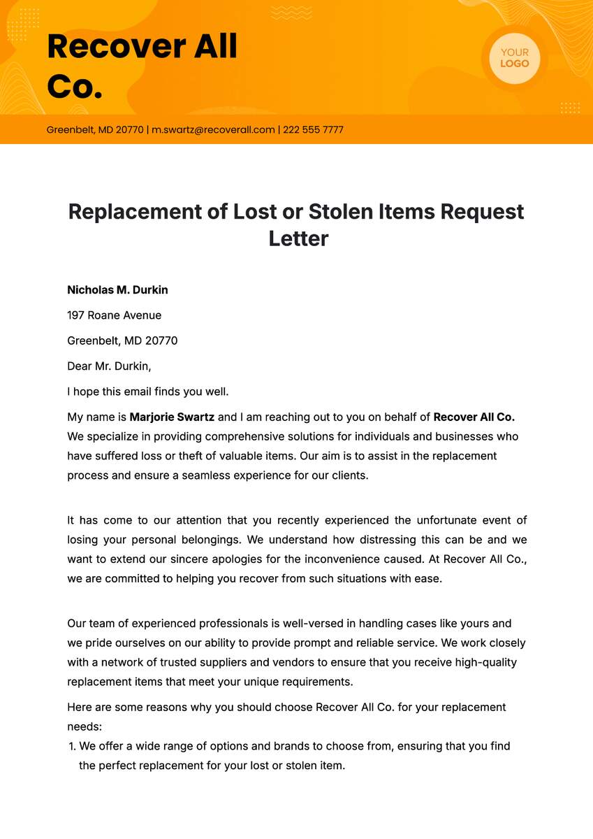 Free Replacement Of Lost Or Stolen Items Request Letter Template To Edit Online