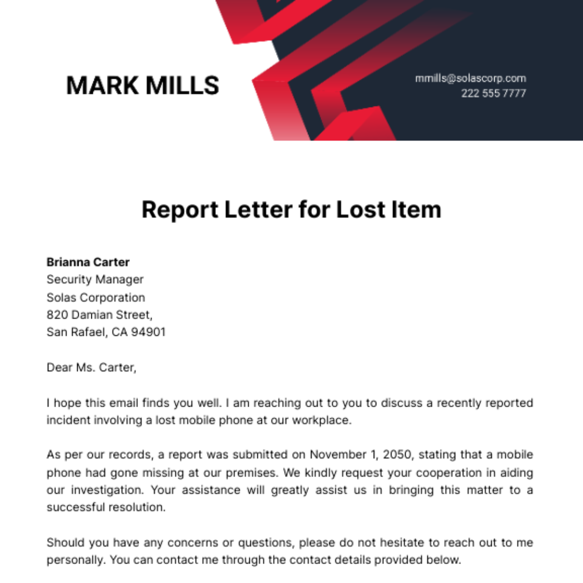 Free Report Letter For Lost Item Template To Edit Online