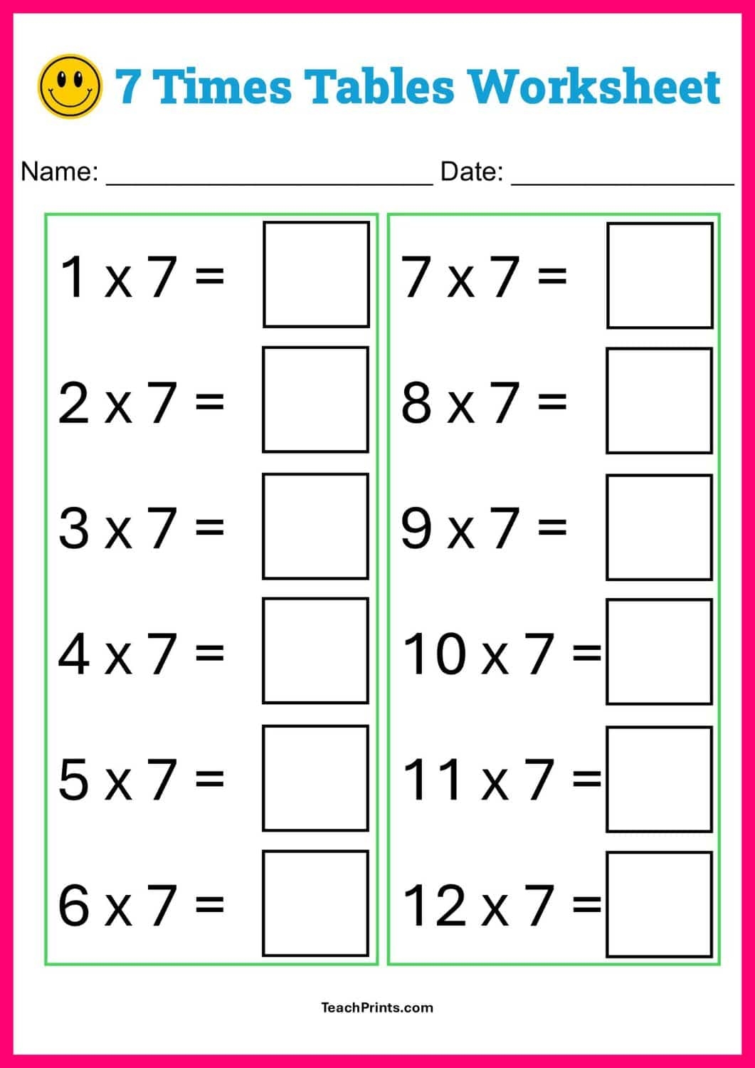 Free Seven Times Tables Worksheets 8 Versions Teach Prints