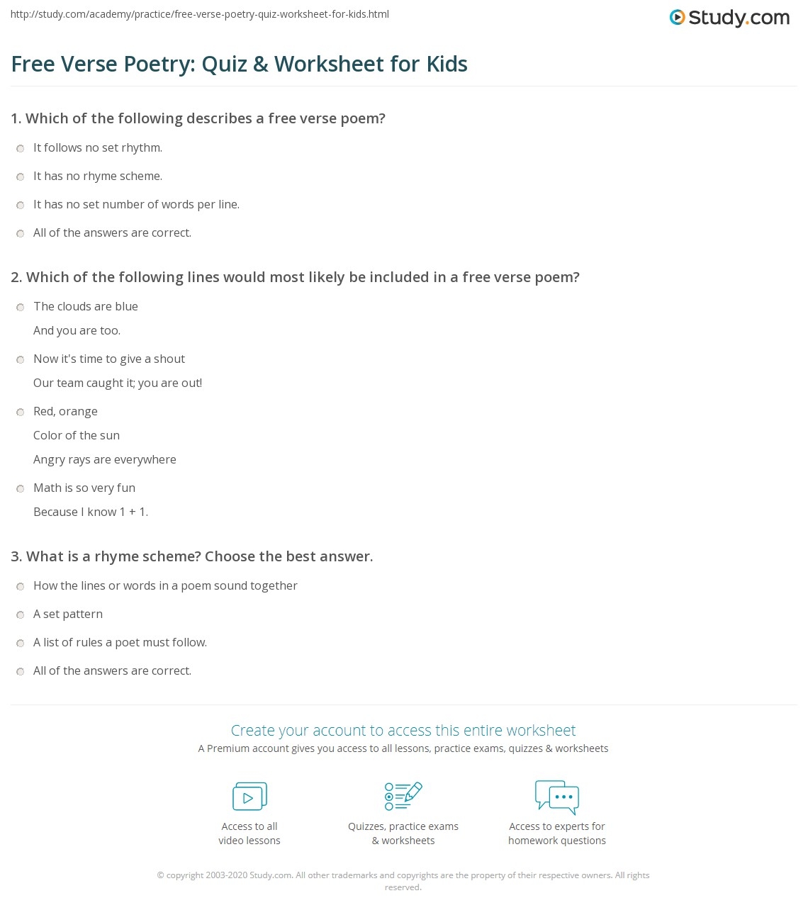 Free Verse Poetry Quiz Worksheet For Kids Study