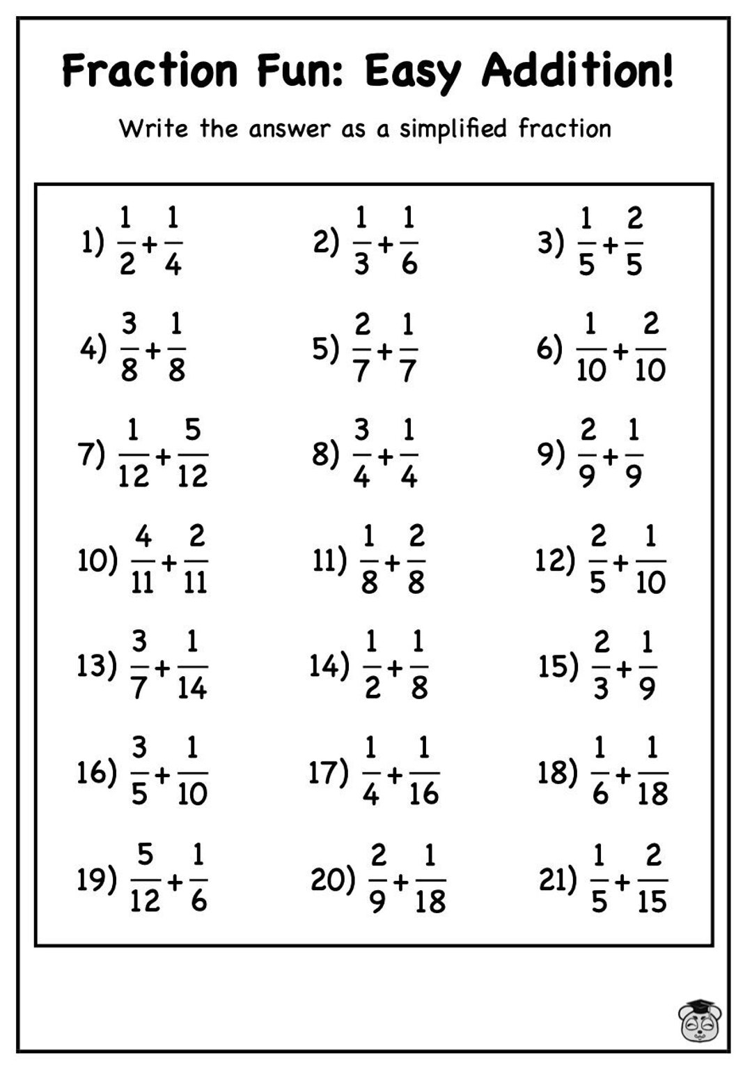 Fun Fraction Addition Practice For Kids 7 11 Educational Math Worksheets Primary School Learning Activities Homeschooling Resources Etsy