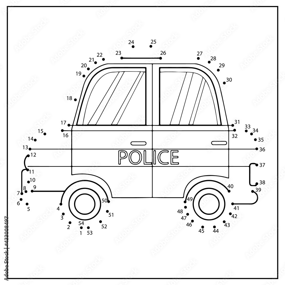 Game Connect By Dots And Numbers Drawing Activity Coloring Page With Cartoon Police Car Kids Worksheet Dot To Dot Game Stock Vector Adobe Stock Police Car Dot To Dot Game Royalty Free Vector VectorStock