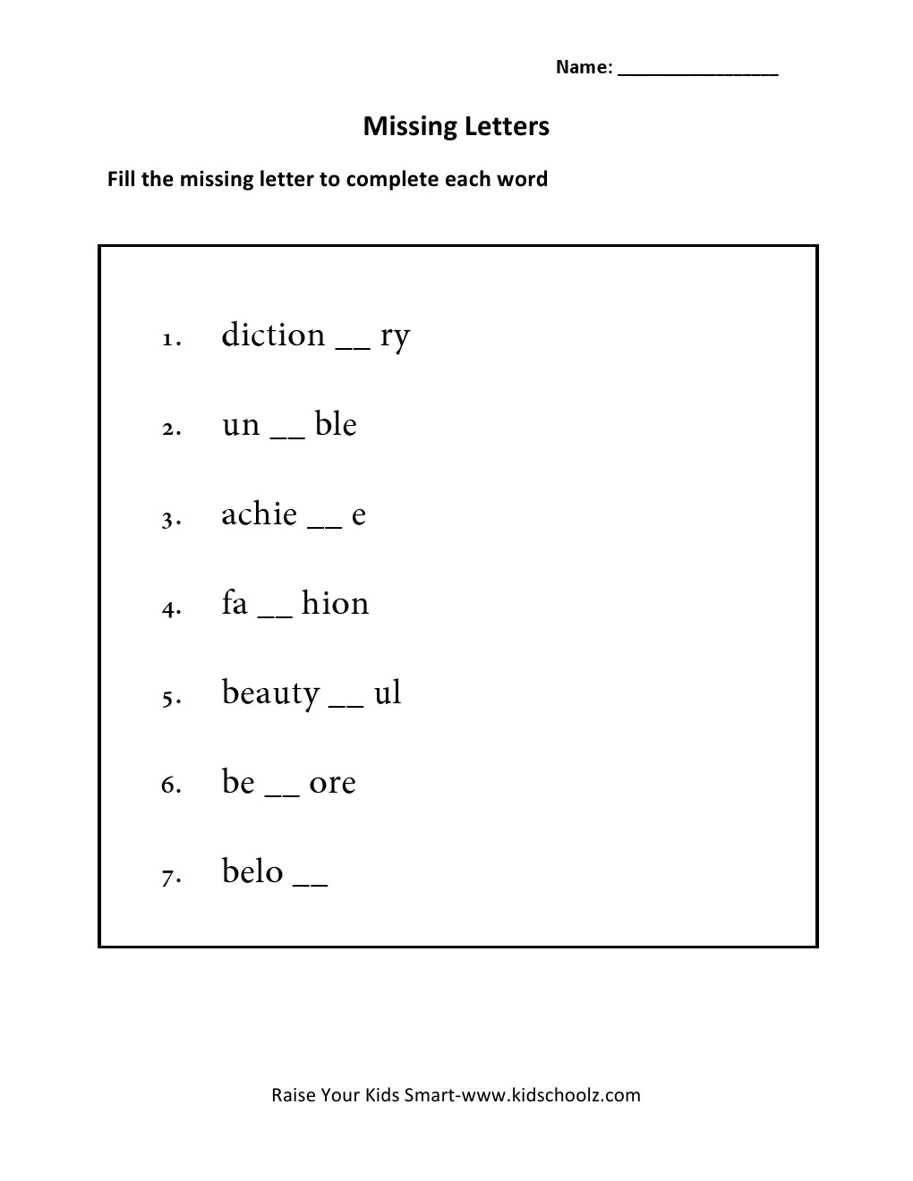 Class 4 Spelling Missing Letters Worksheet PDF With Answers