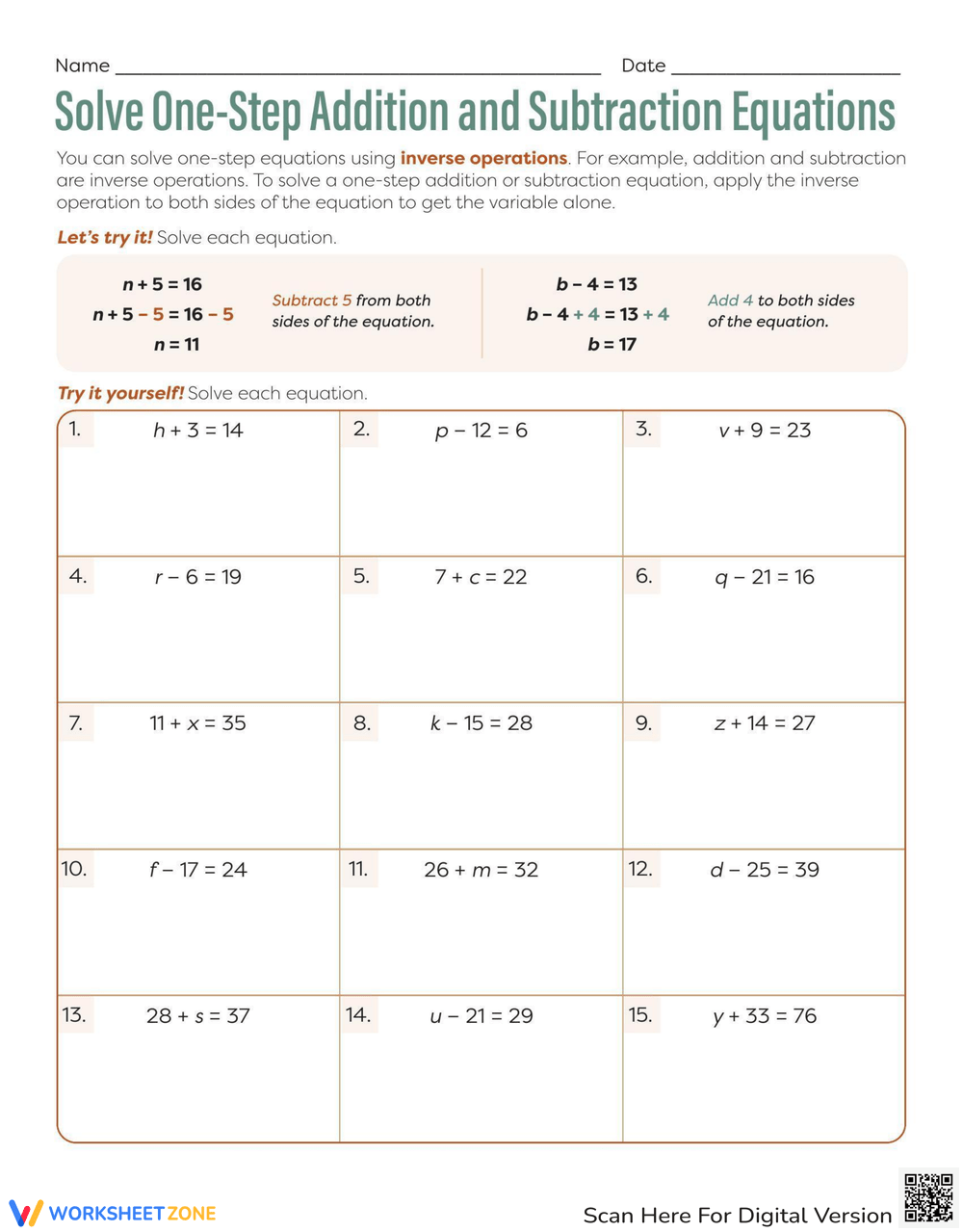 Grade 6 Solving One Step Equations Worksheets Solving 1 Step Equations Addition And Subtraction Worksheet Worksheets Library