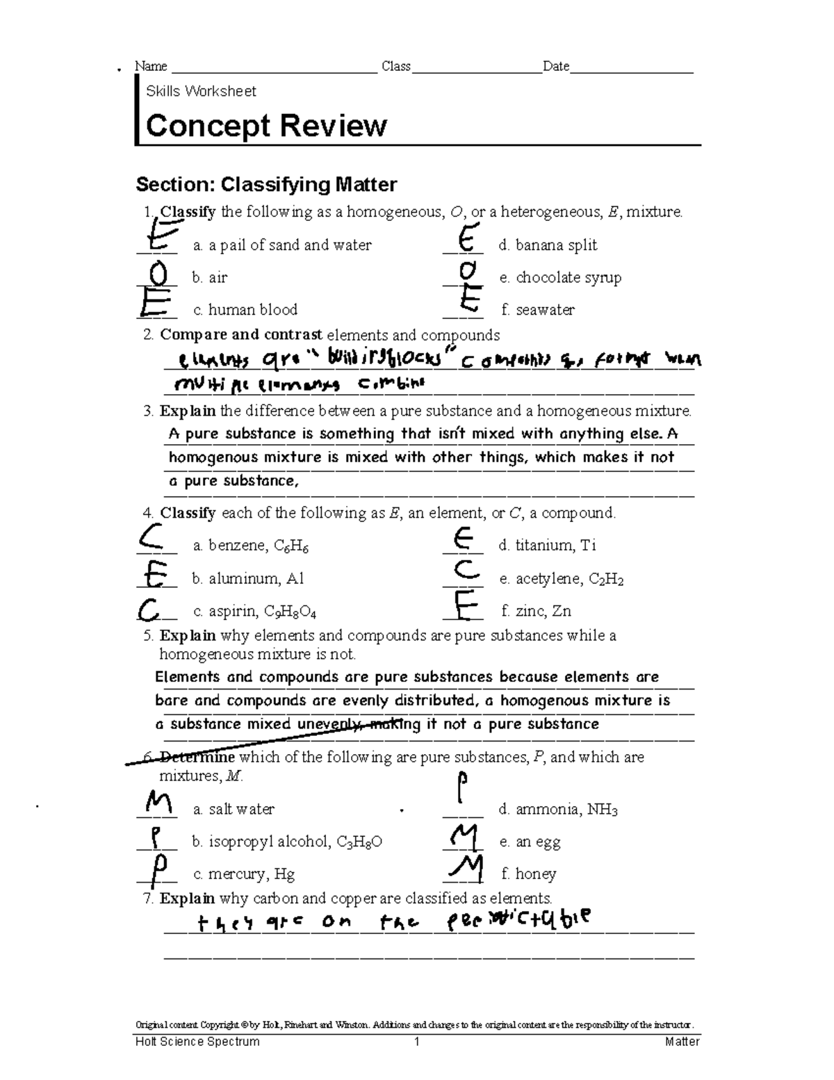 Holt Science Spectrum 1 Concept Review Classifying Matter Properties Studocu