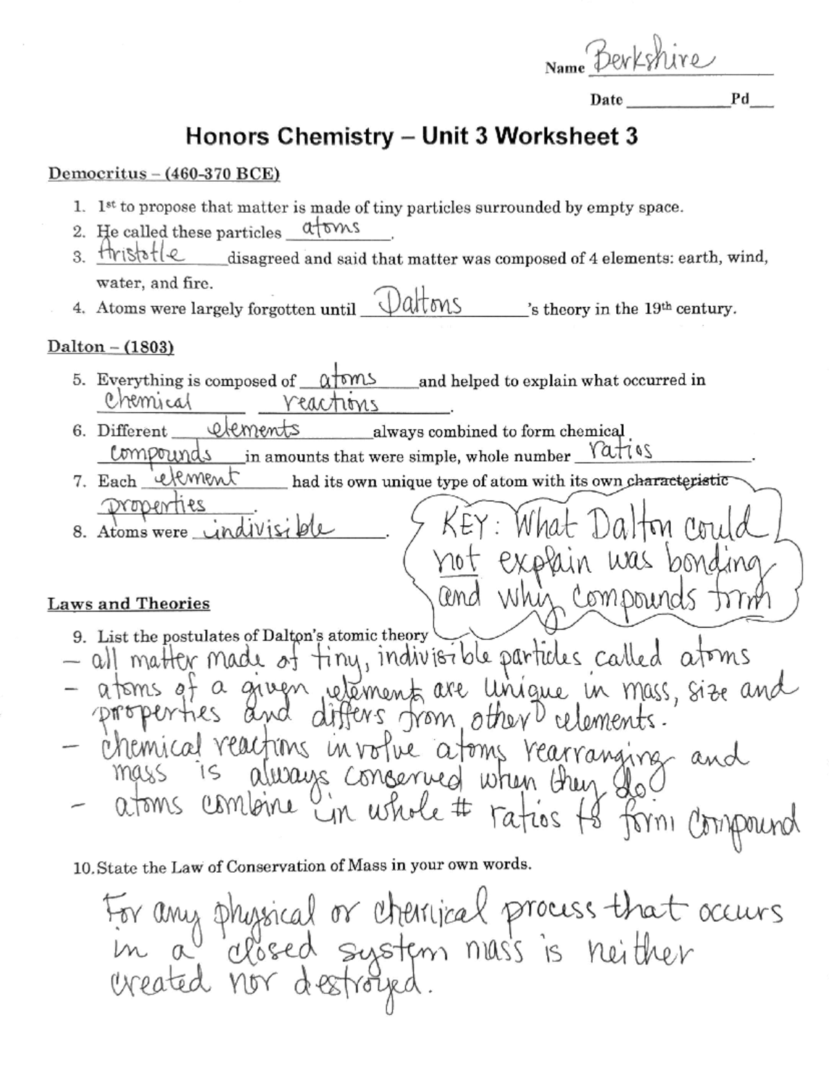 Honors Chemistry Unit 3 Worksheet 3 Key Democritus To Dalton Insights Studocu