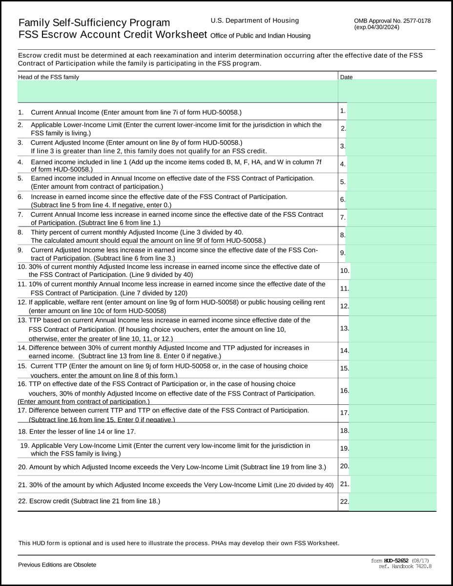 HUD 52652 FSS Escrow Account Credit Worksheet