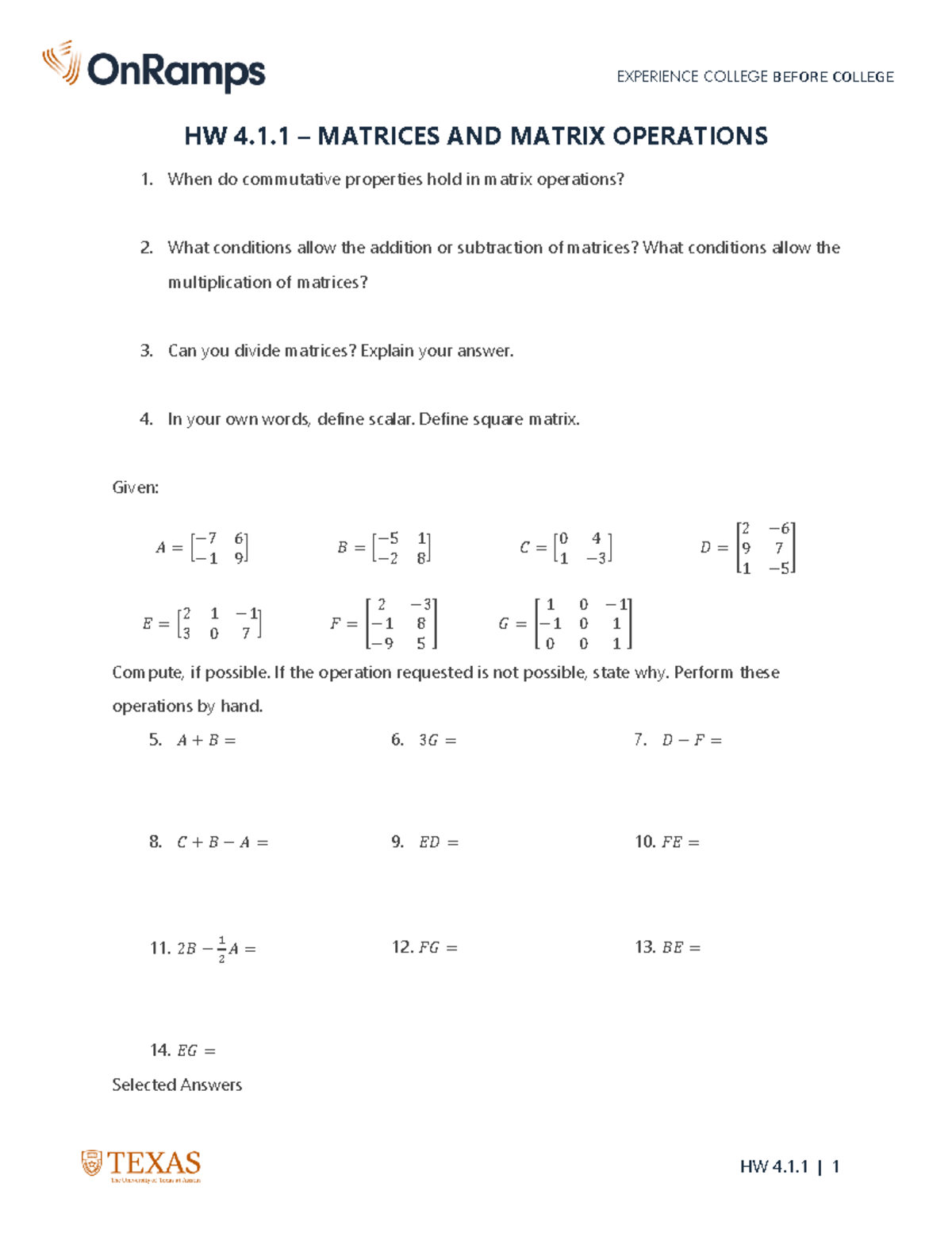 HW 4 1 1 Matrices Operations Exam Solutions Studocu