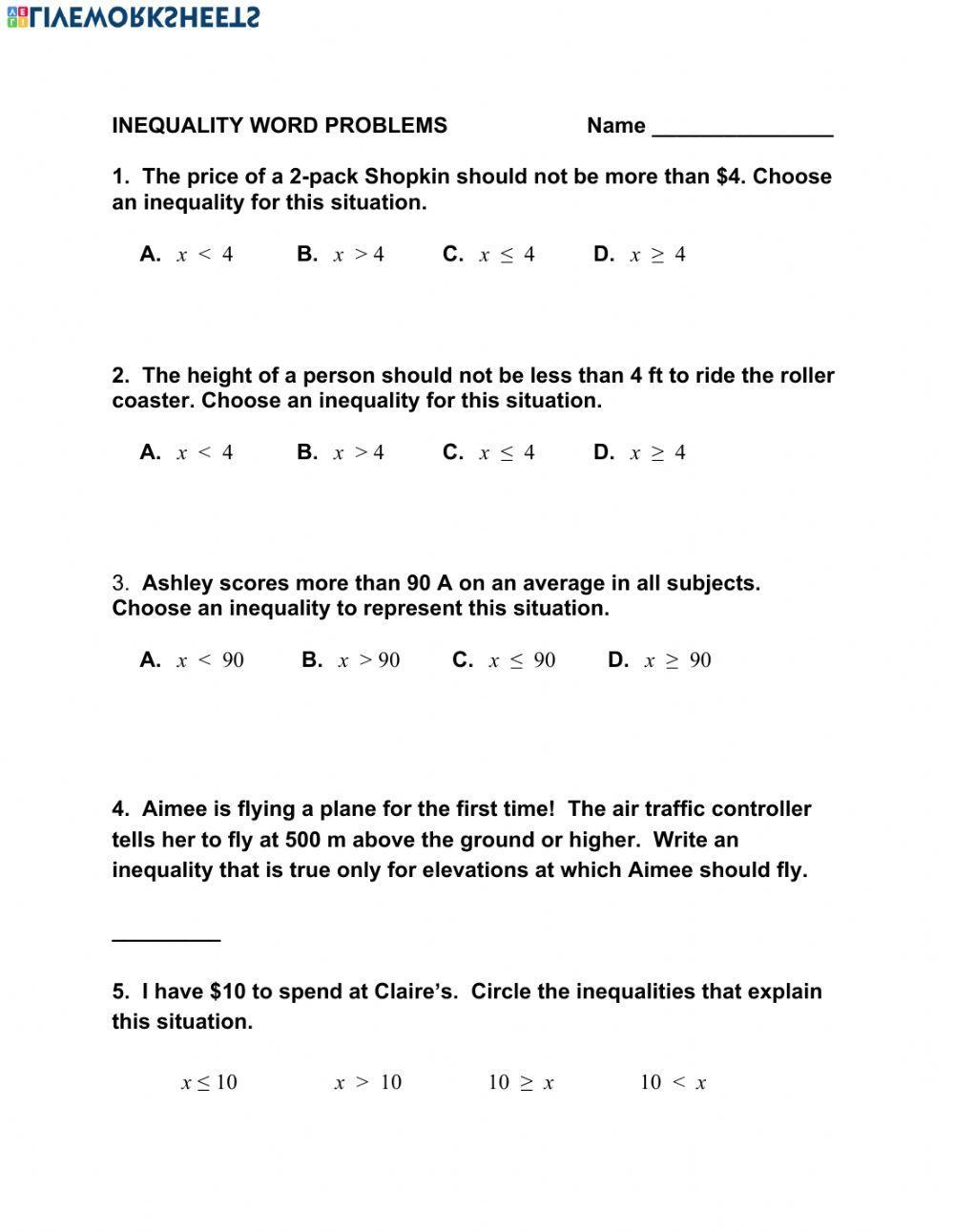 Inequality Word Problems Worksheet Worksheets Library One Variable Inequalities Notes And Worksheets Lindsay Bowden Worksheets Library