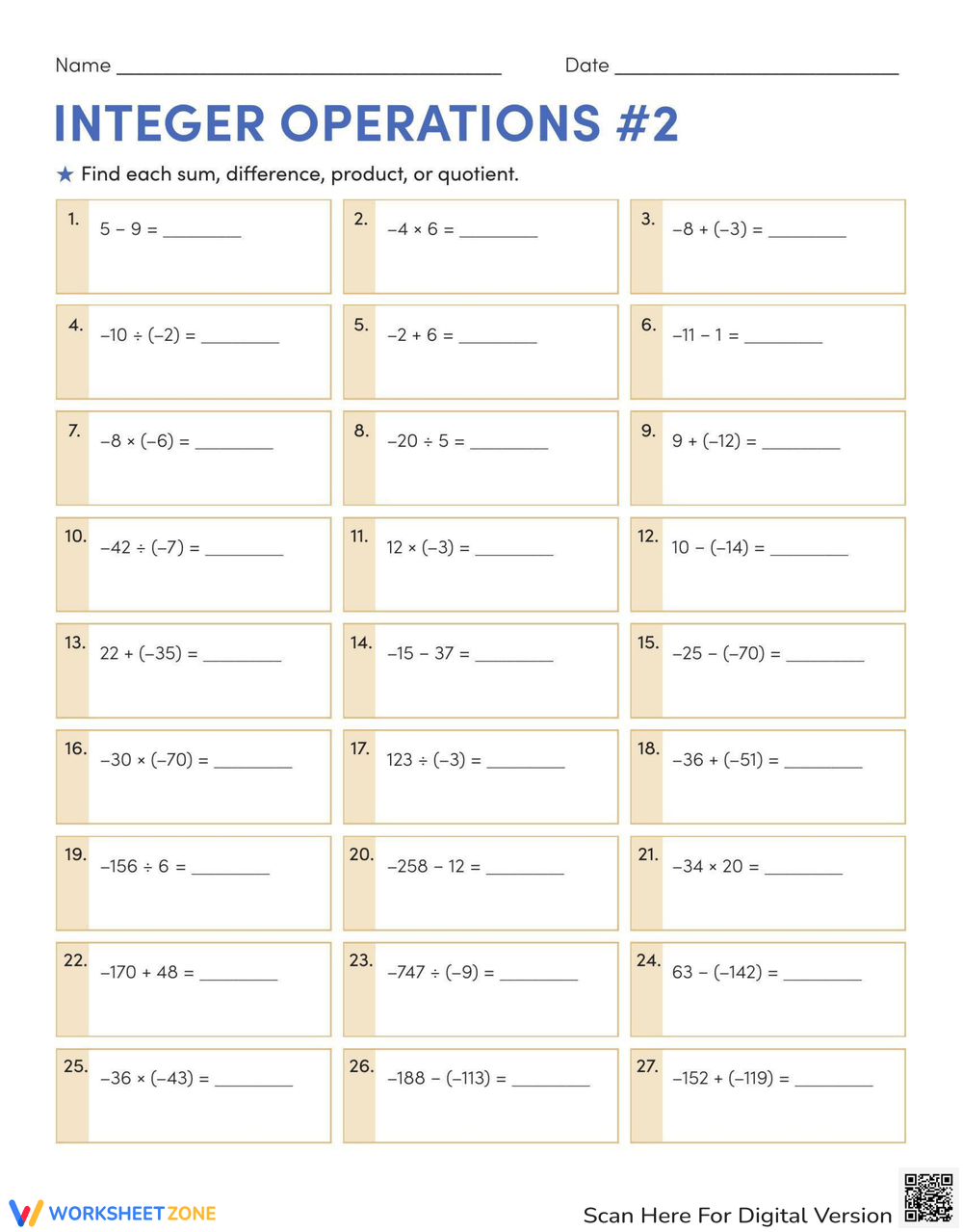 Integers Worksheets Printable