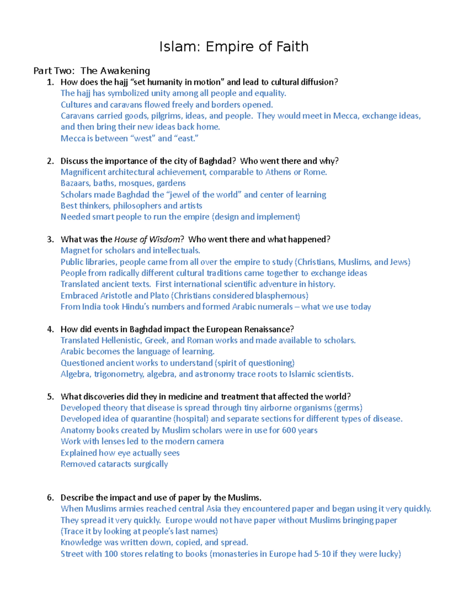 Islam Video Reflection Insights On Cultural Exchange Influence Studocu Islam Empire Of Faith Film Questions Part 1 Analysis Insights Studocu