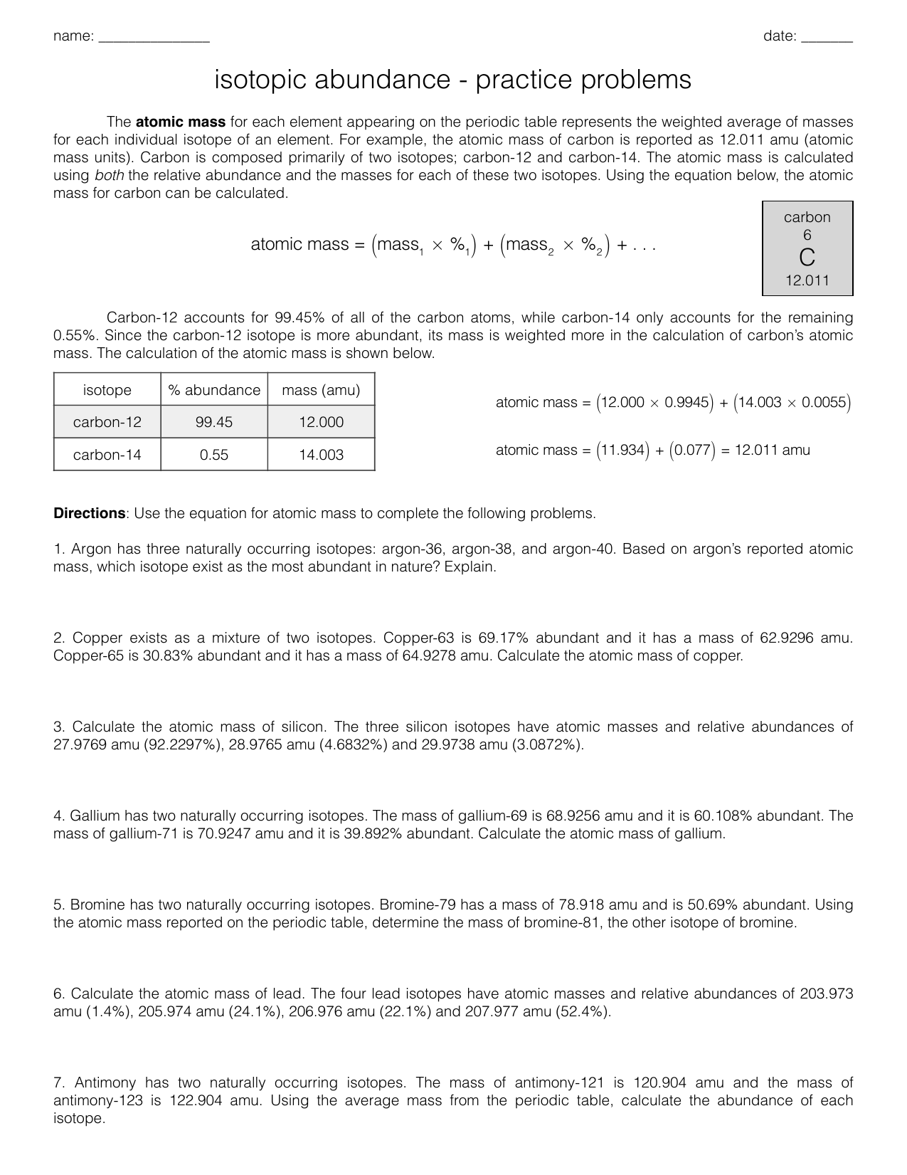 Isotopic Abundance Practice Problems Worksheet