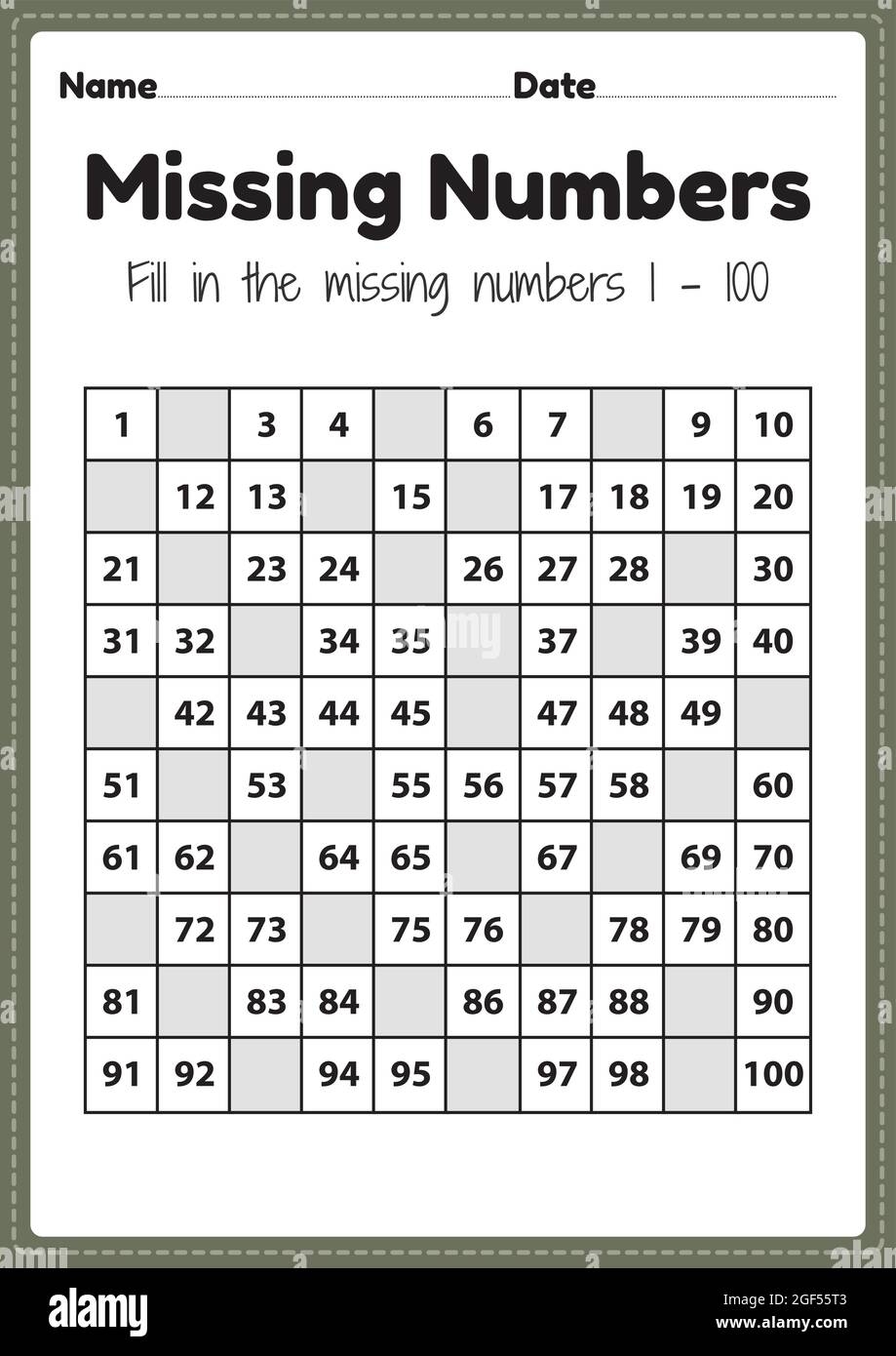 Kindergarten Math Worksheets Missing Numbers 1 To 100 Printable Sheet For Preschool Kids Activity To Learn Basic Mathematics Skills Stock Vector Image Art Alamy Kindergarten Math Worksheets Missing Numbers 1 To 100 Printable Sheet For Preschool Kids Activity To Learn Basic Mathematics Skills Stock Vector Image Art Alamy