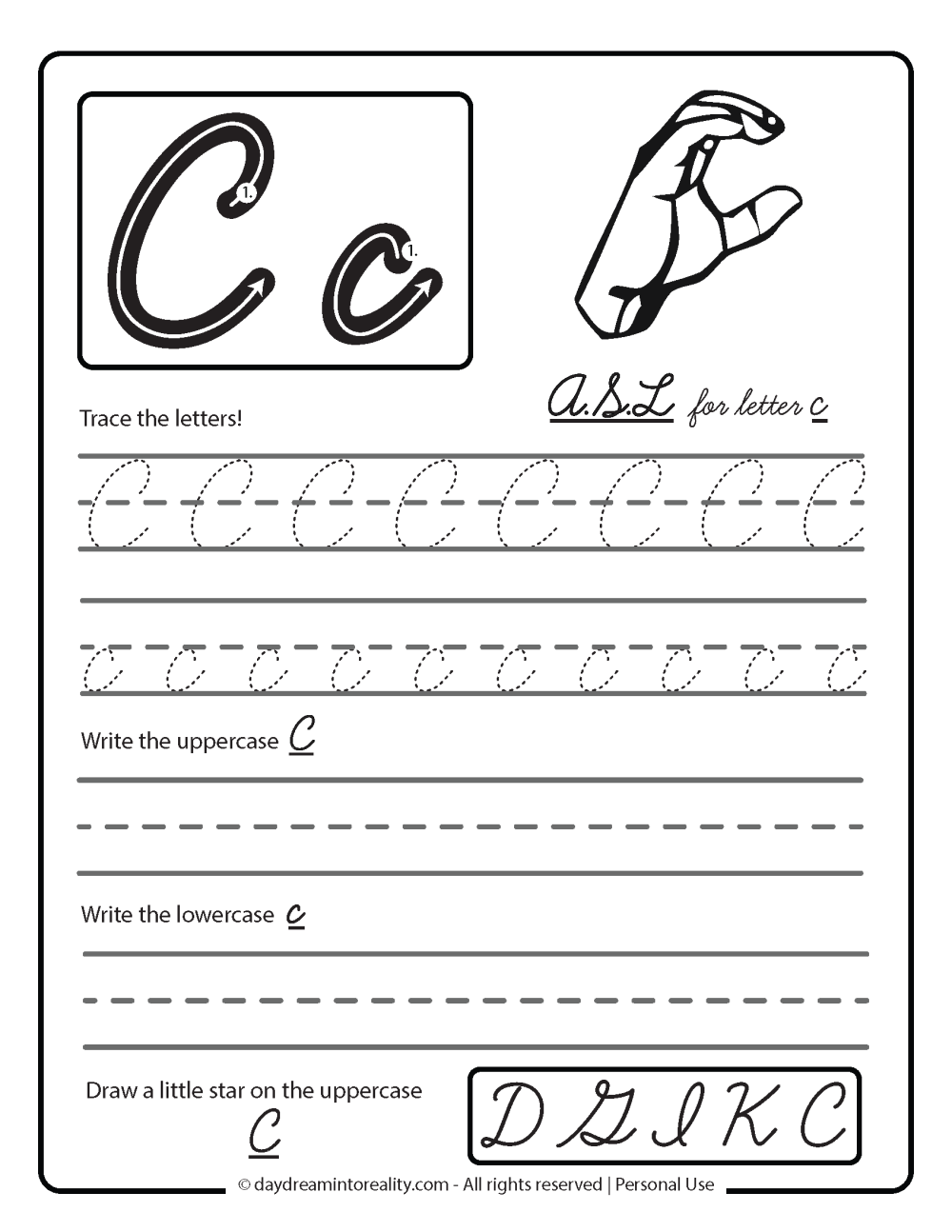 Letter C Worksheets 55 Free PDF Printables Daydream Into Reality Cursive C Superstar Worksheets