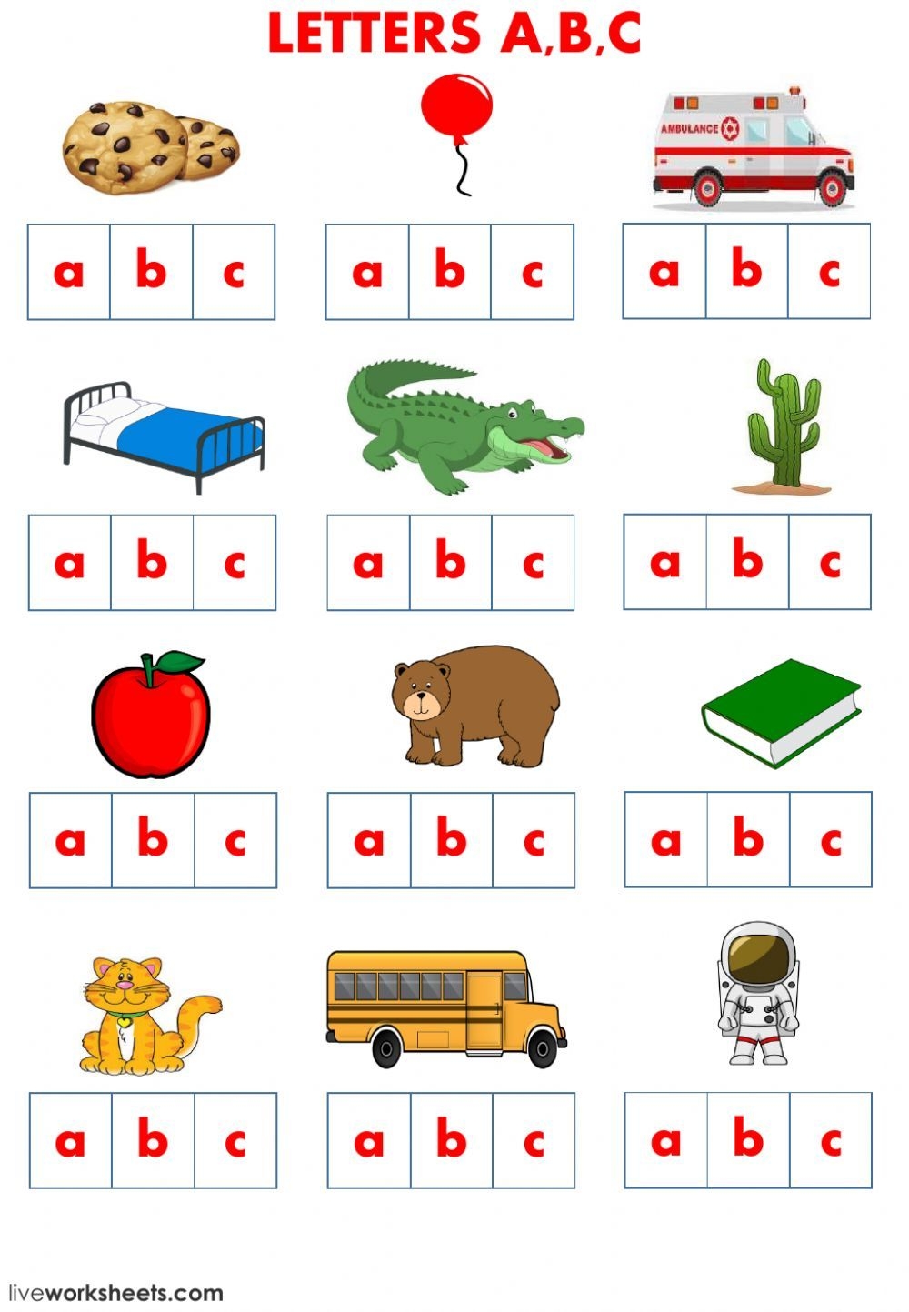 Letters A B C School Supplies And Family Worksheet