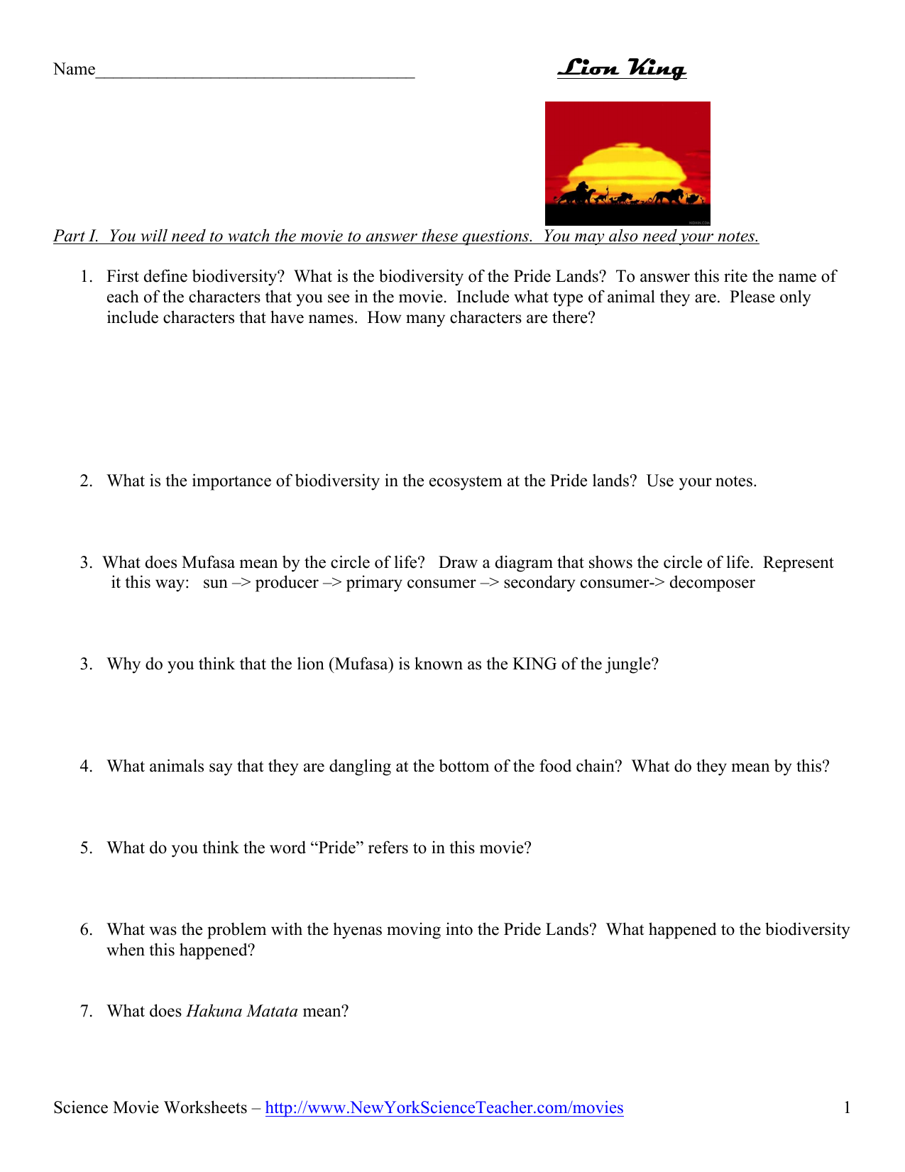 Lion King Movie Ecology Worksheet