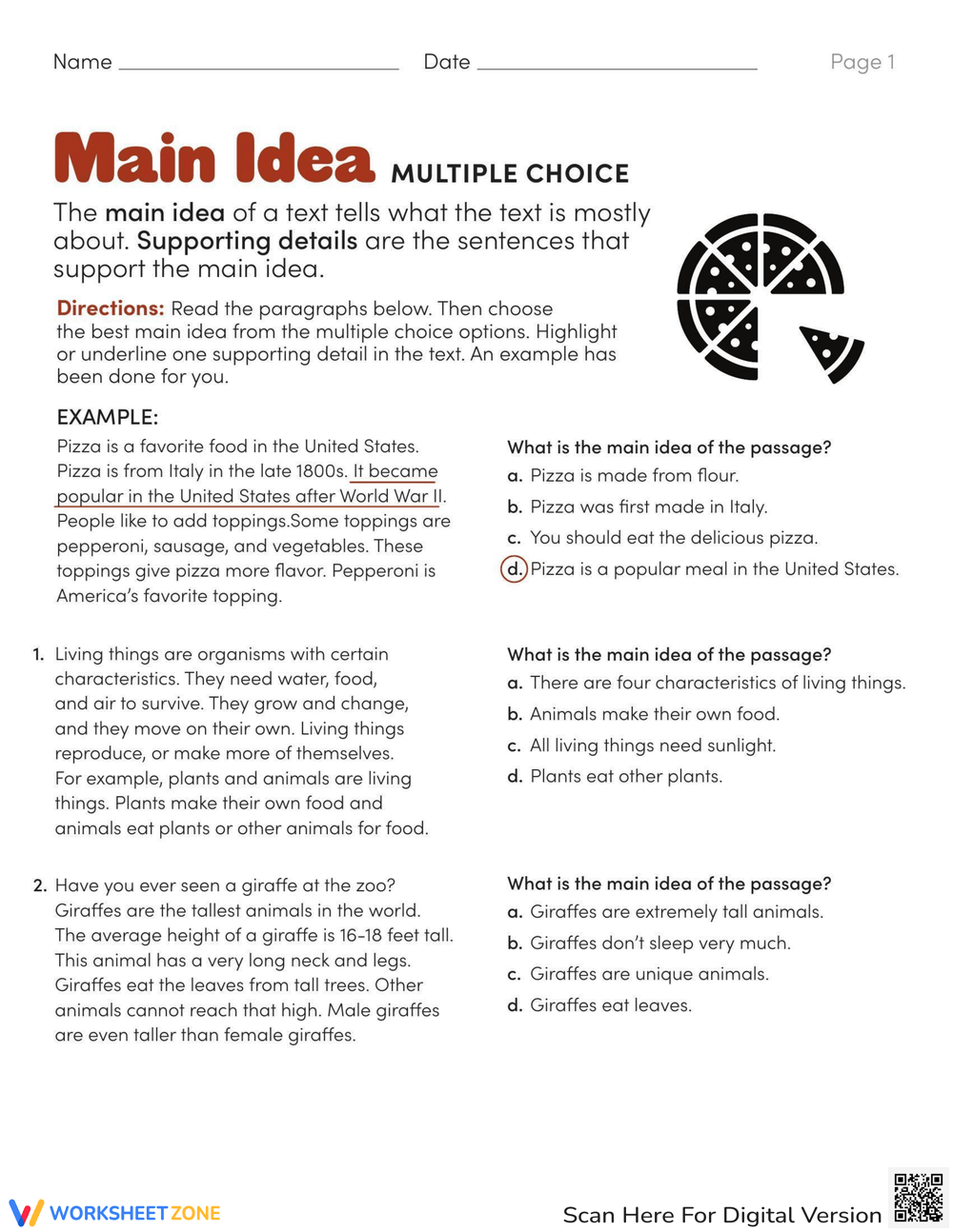 Main Idea Multiple Choice Reading Worksheet