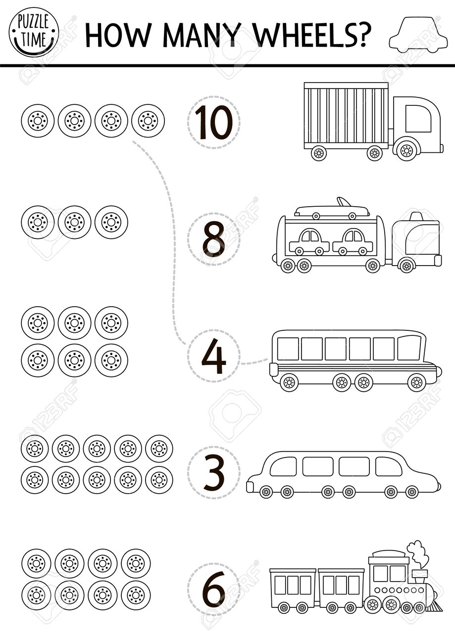 Match The Numbers Black And White Transportation Game With Vehicles City Transport Line Math Activity For Kids Counting Worksheet With Cute Truck School Bus Limo How Many Wheels Coloring Page Royalty Free