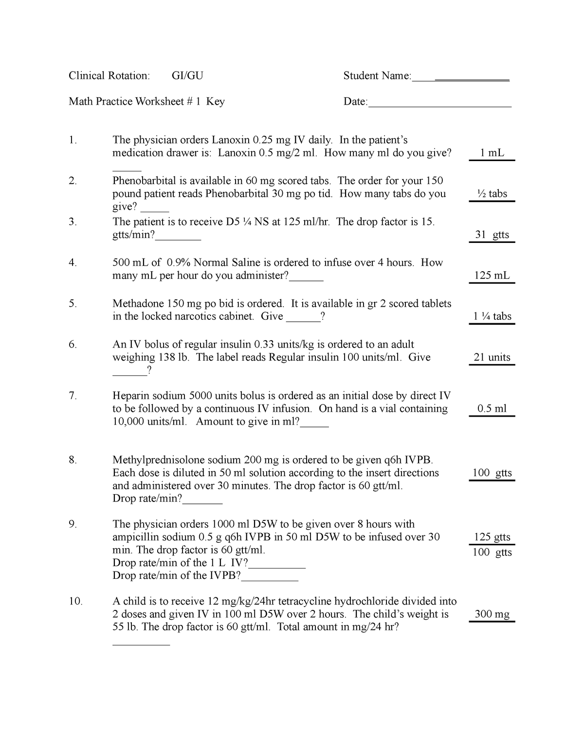 Math Practice Worksheet 2 Clinical Rotation GI GU Student Name Worksheets Library Math Practice Worksheet 2 Clinical Rotation GI GU Student Name Worksheets Library