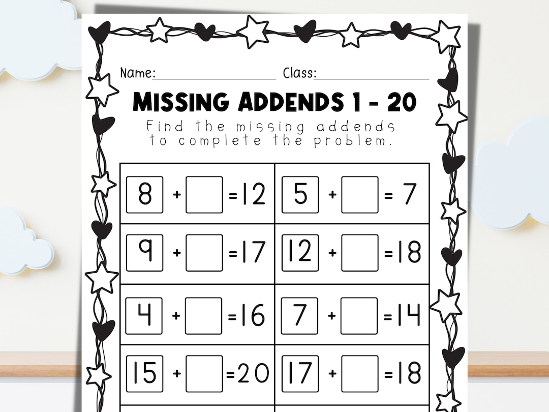 Missing Addends 1 20 Worksheet Math Practice digital Download Etsy