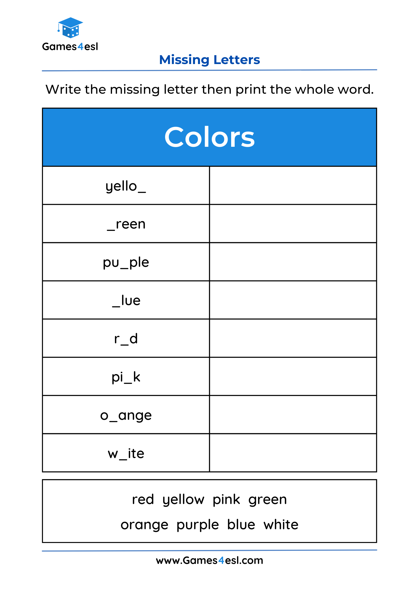 Missing Letter Worksheets Games4esl Missing Letter Worksheets Games4esl