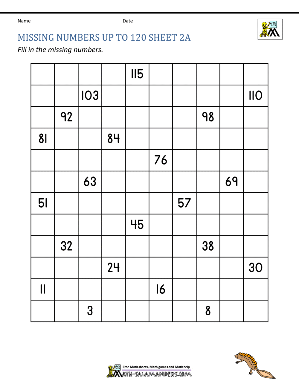 Missing Number Chart 1 100
