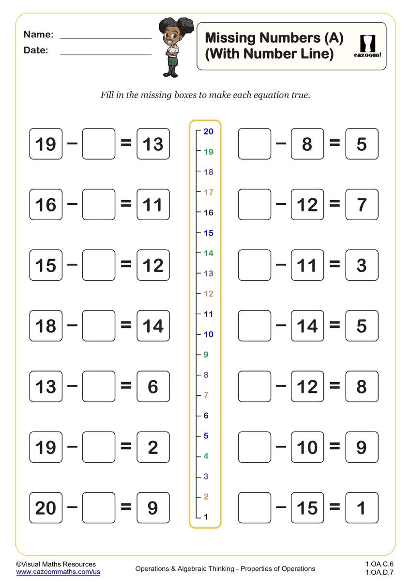 Missing Numbers A With A Number Line Fun And Engaging 1st Grade PDF Worksheets Cazoom Math Year 6 Mental Calculations With Missing Numbers Worksheets KS2 Four Operations Primary Maths