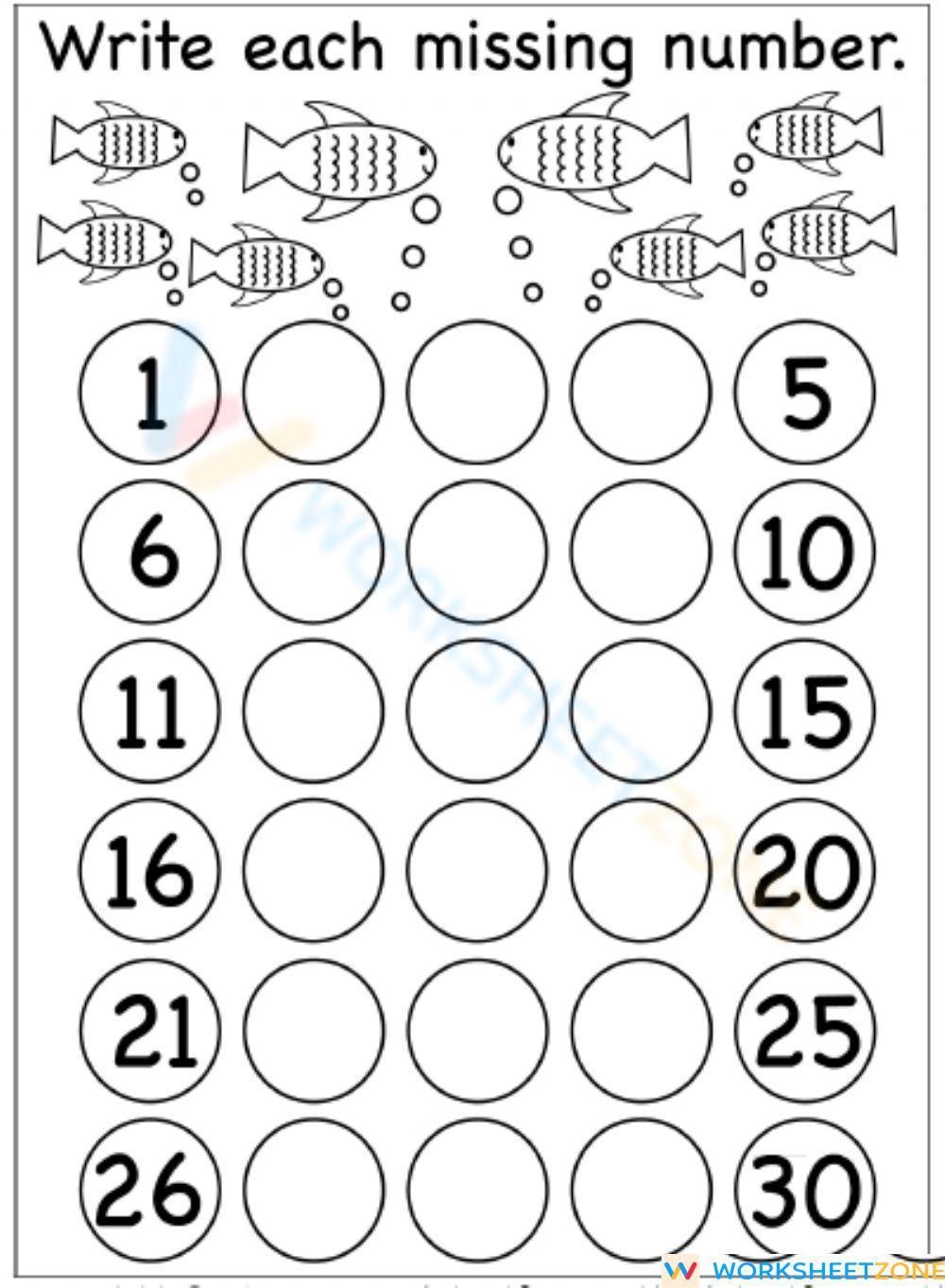 Missing Numbers To 30 Worksheet