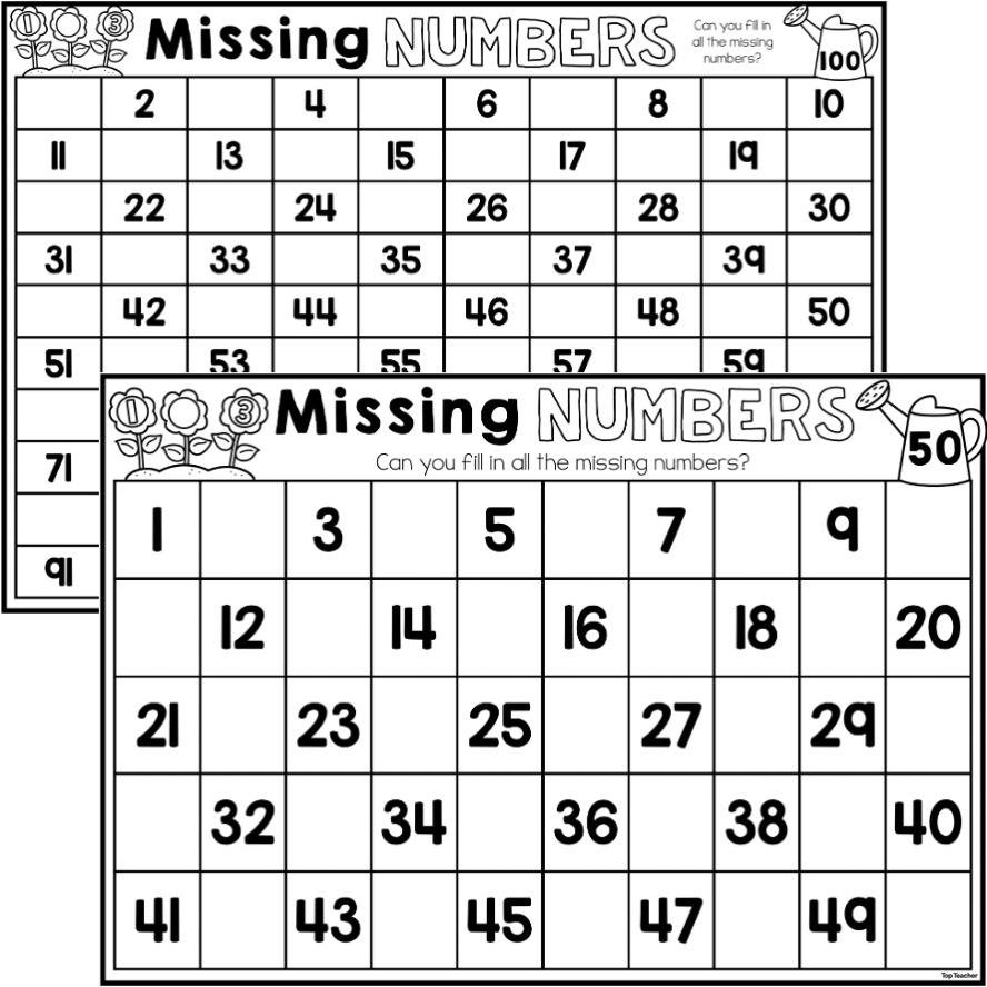 Missing Numbers To 50 100 Counting Worksheets Top Teacher Missing Numbers To 50 100 Counting Worksheets Top Teacher