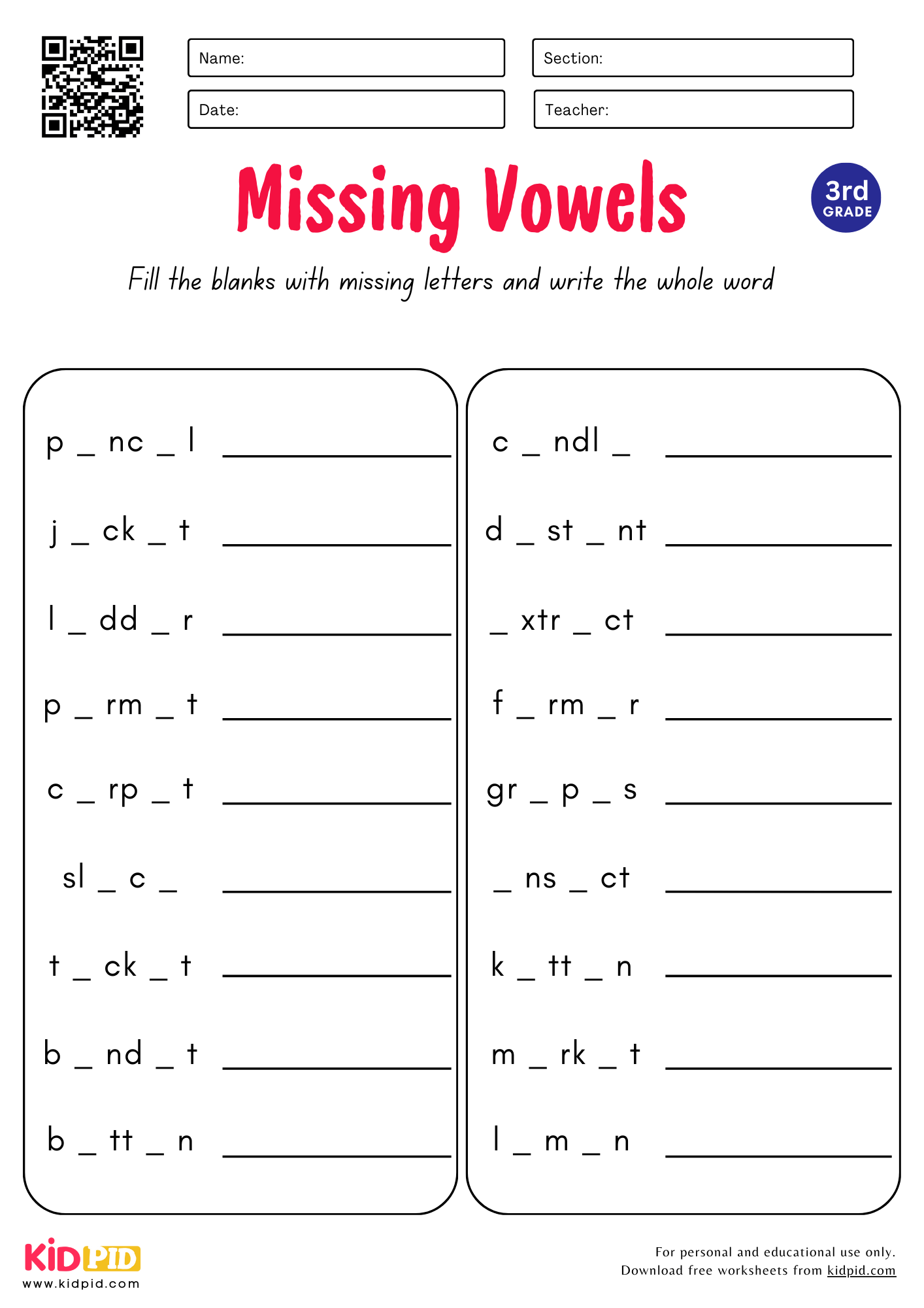 Missing Vowels Worksheet For Grade 3 Kidpid Missing Vowels Worksheet For Grade 3 Kidpid