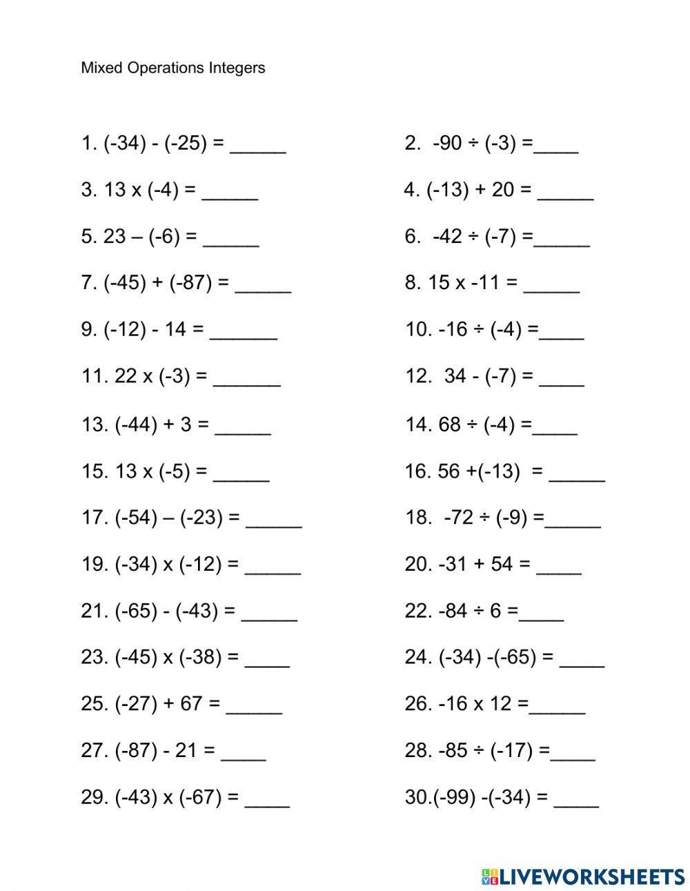 Mixed Operations Integers Worksheet Worksheets Library