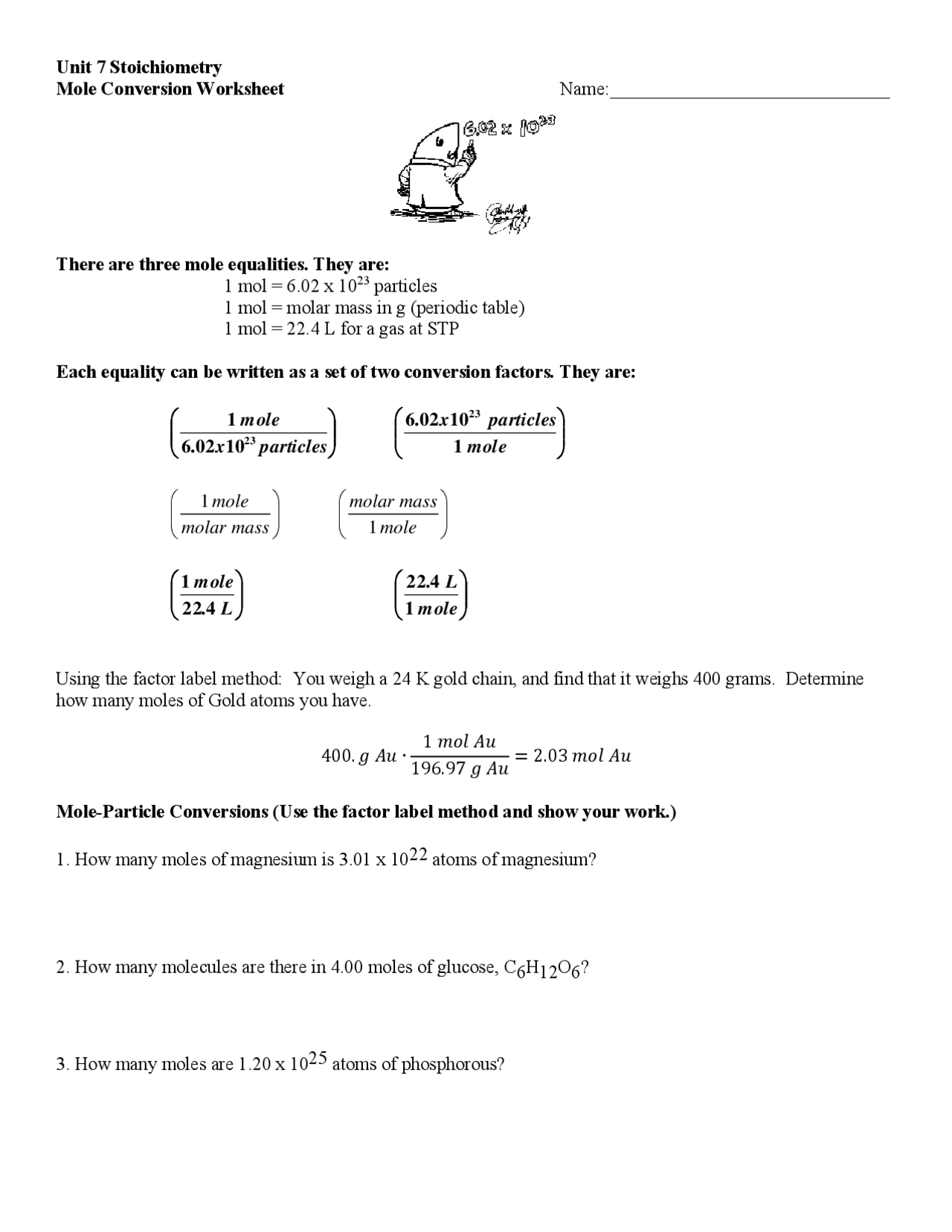 Mole Conversion Worksheet Lecture Notes Stoichiometry Docsity
