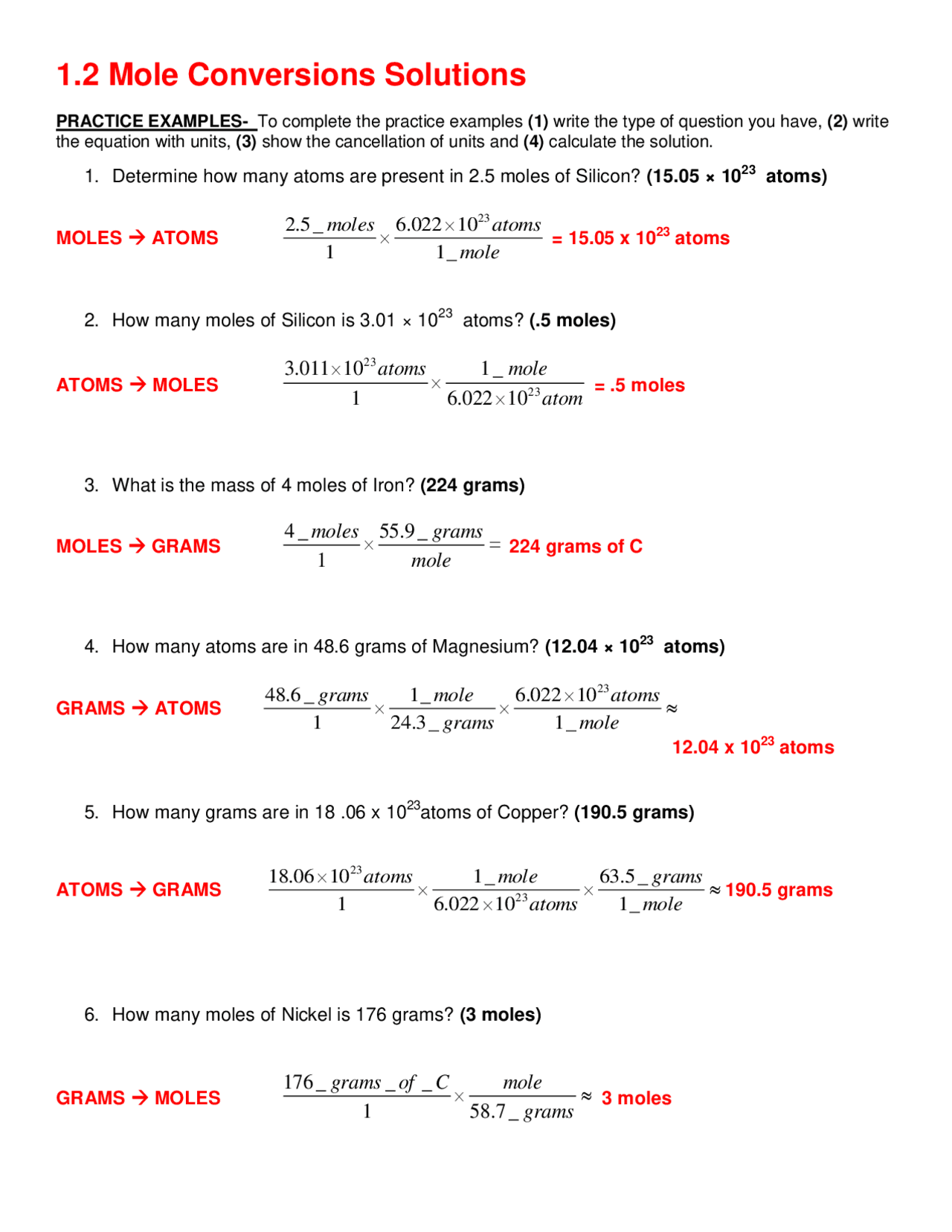 Mole Conversions Solutions Worksheet Exercises Chemistry Docsity Worksheets Library