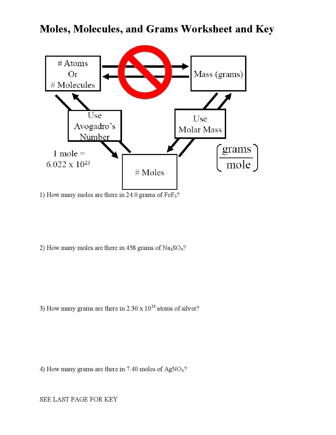 Moles Molecules And Grams Worksheet And Key Exercises Chemistry Docsity
