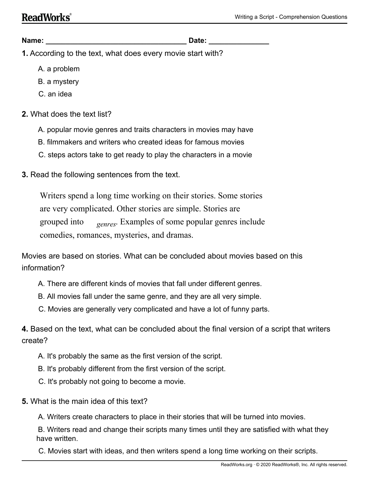 Movie Scriptwriting Filmmaking Comprehension Worksheet
