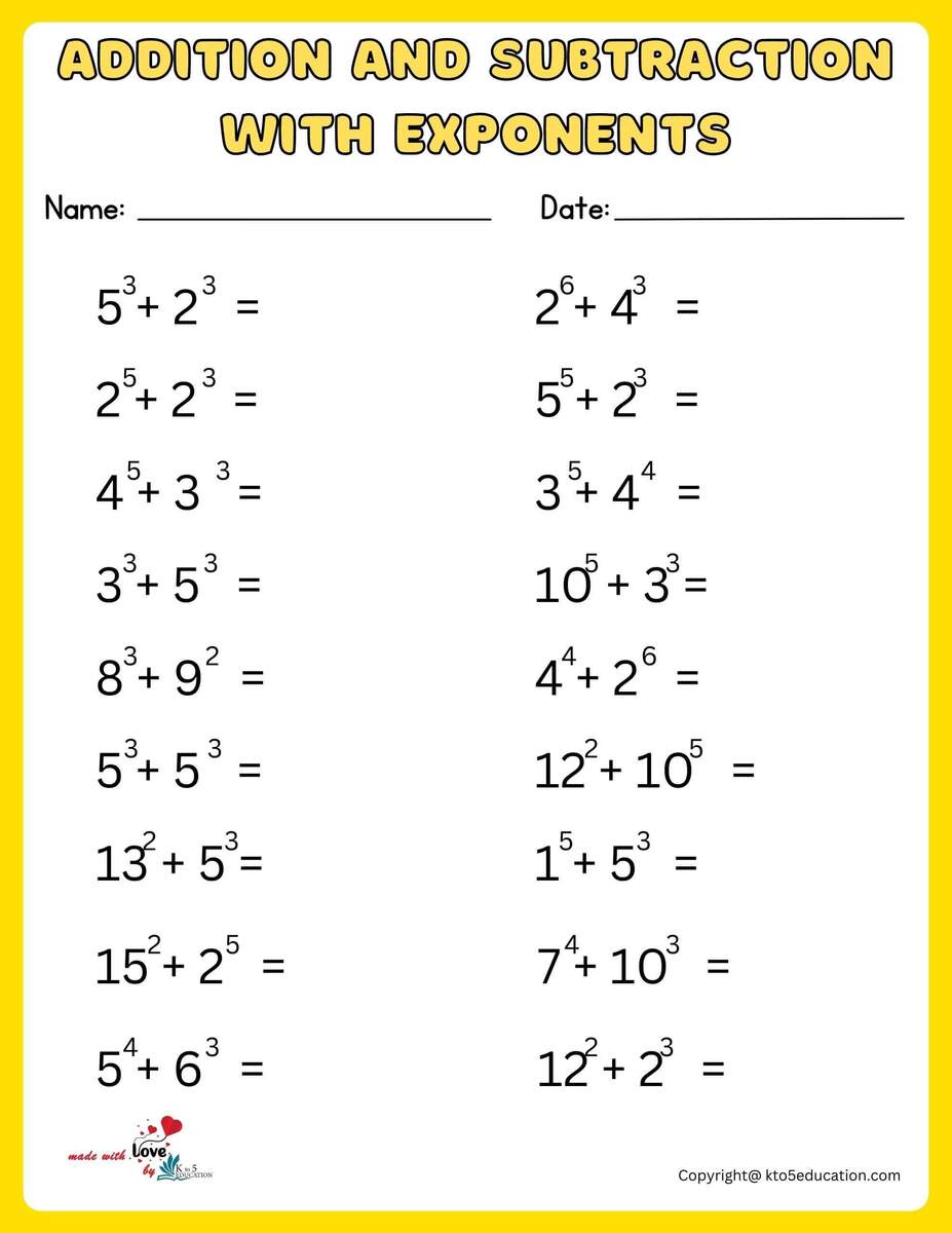Multi Exponents Worksheet With Additions And Subtractions FREE Worksheets Library