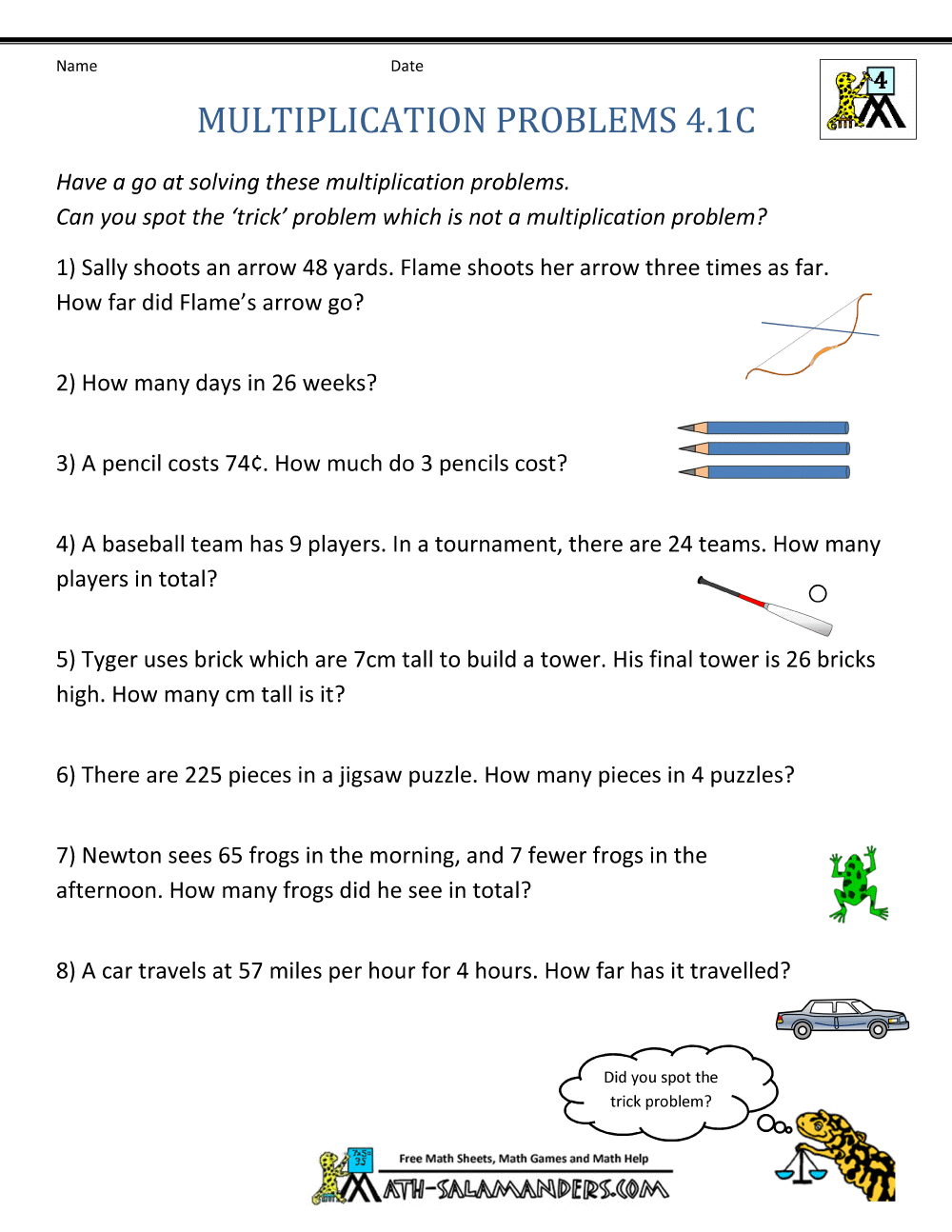 Multiplication Word Problems 4th Grade