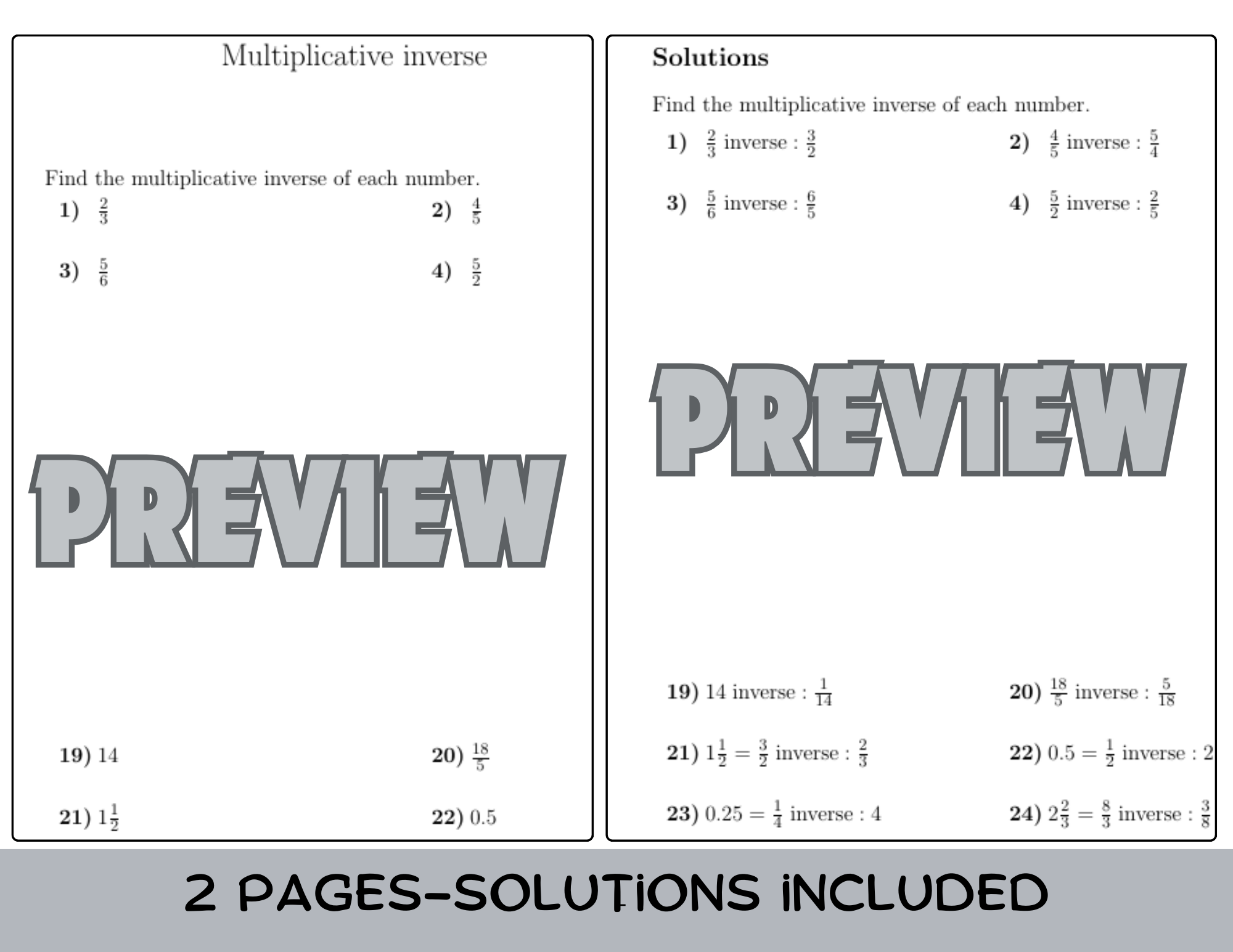 Multiplicative Inverse Worksheet with Solutions Teaching Resources