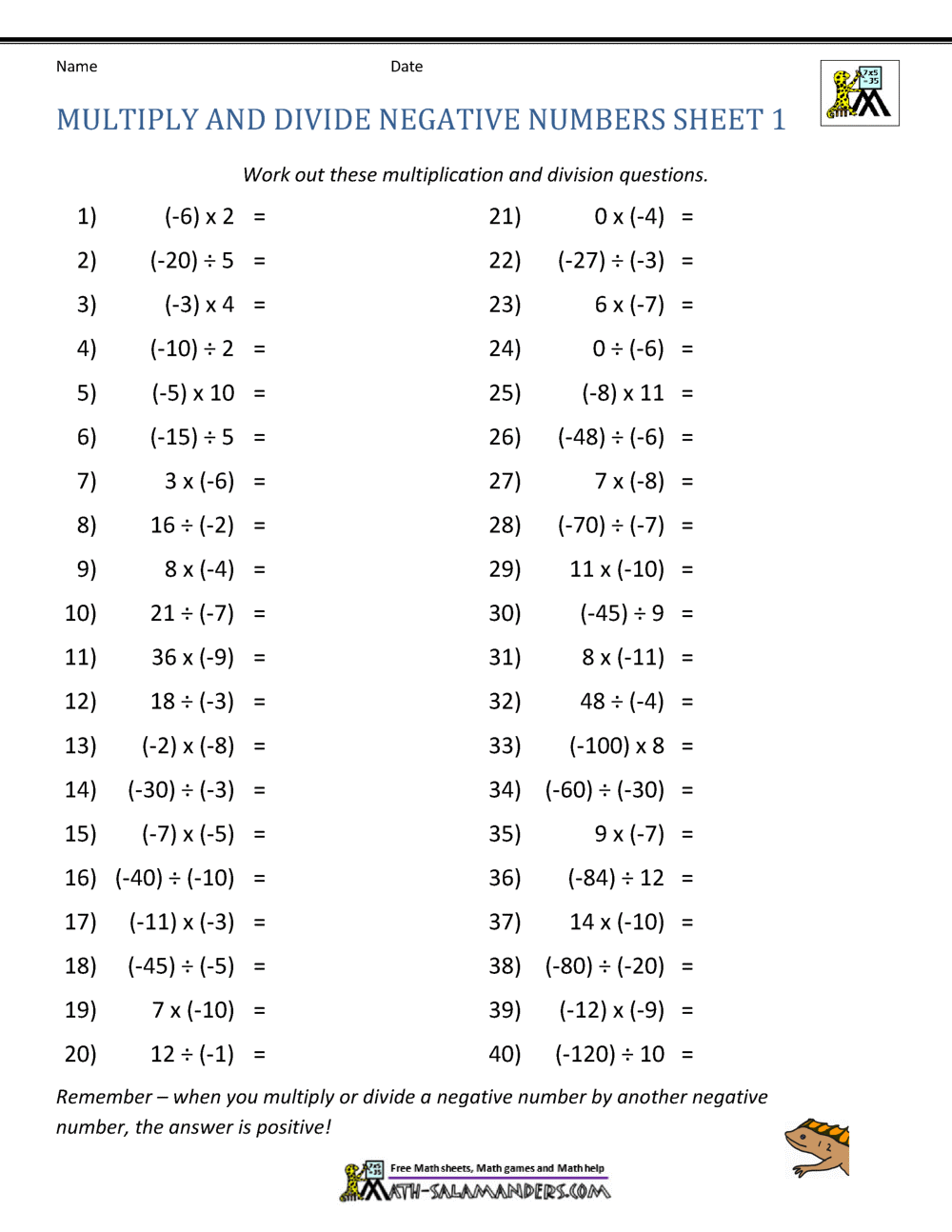 Multiply And Divide Negative Numbers Free Multiplying And Dividing Integers Worksheet Pdf Download Free Multiplying And Dividing Integers Worksheet Pdf Png Images Free Worksheets On Clipart Library
