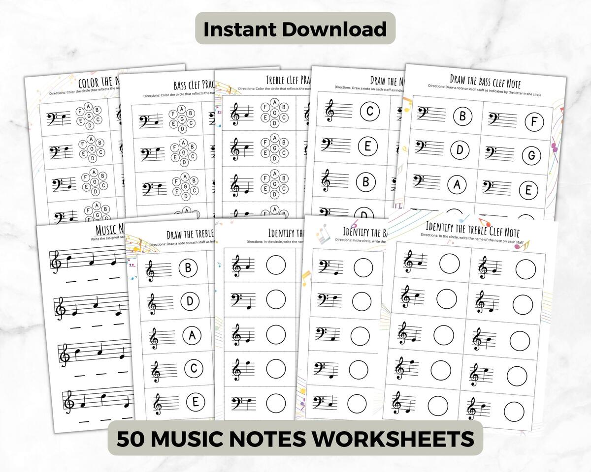 Music Notes Worksheets Treble G And Bass F Clef Identify Music Note Music Activity Learn Music Basic Digital Download 50 Pages Etsy