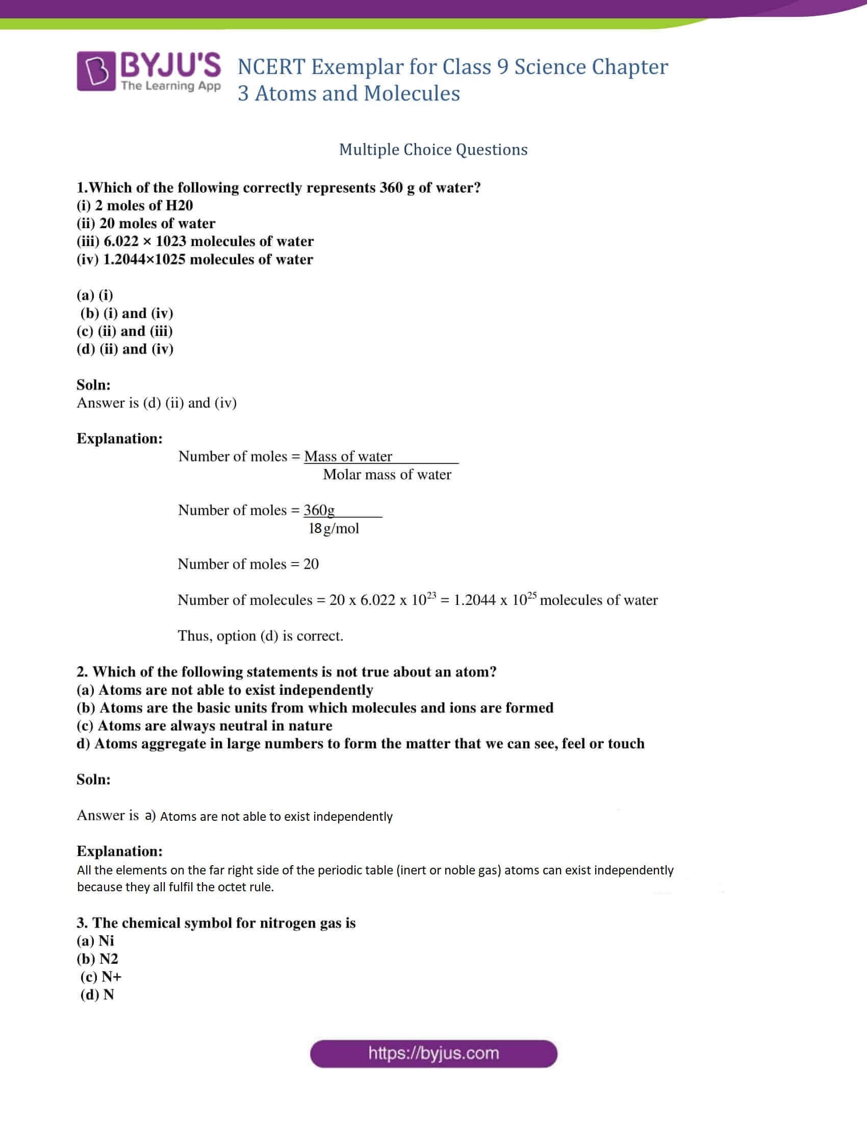 NCERT Exemplar Class 9 Science Solutions For Chapter 3 Atoms And Molecules
