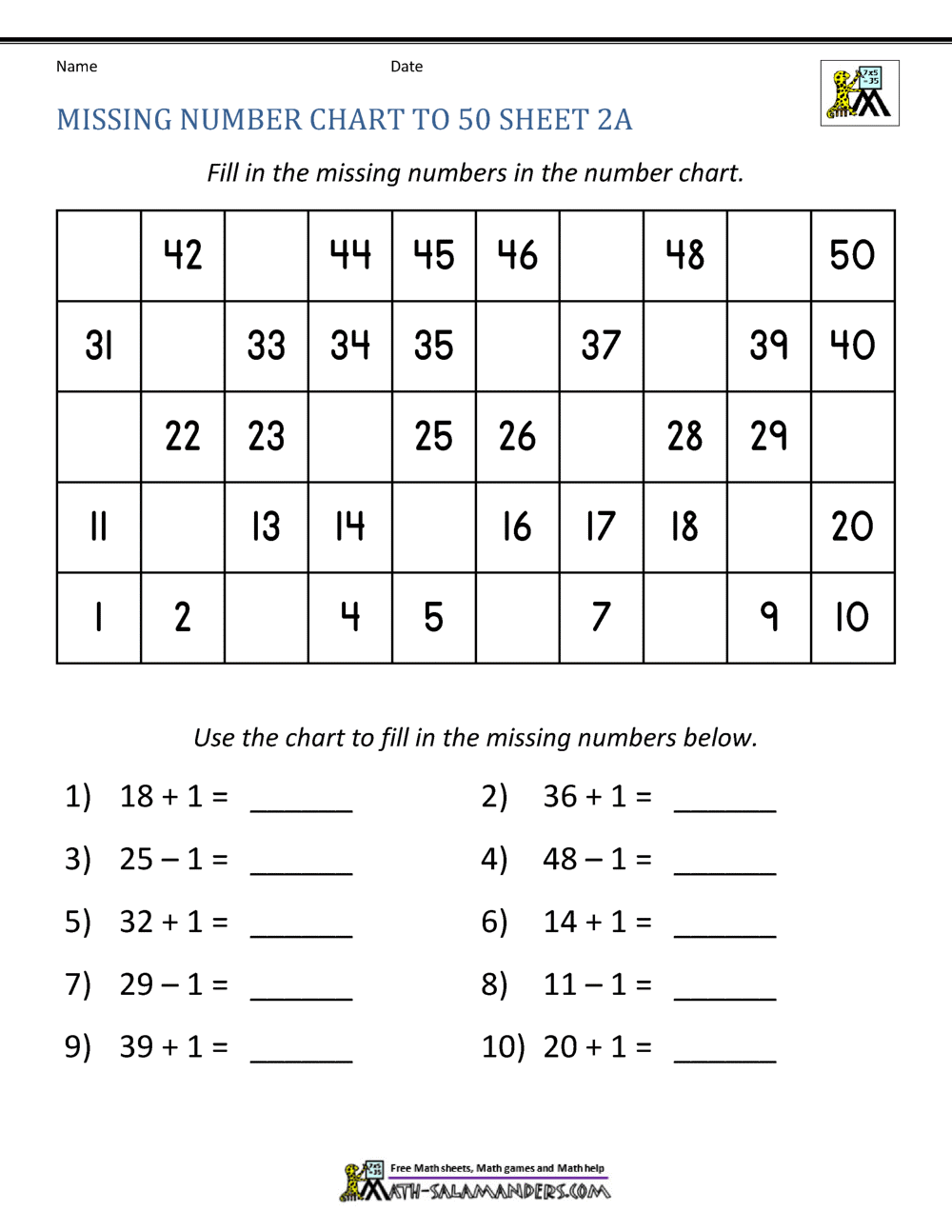 Number Chart To 50