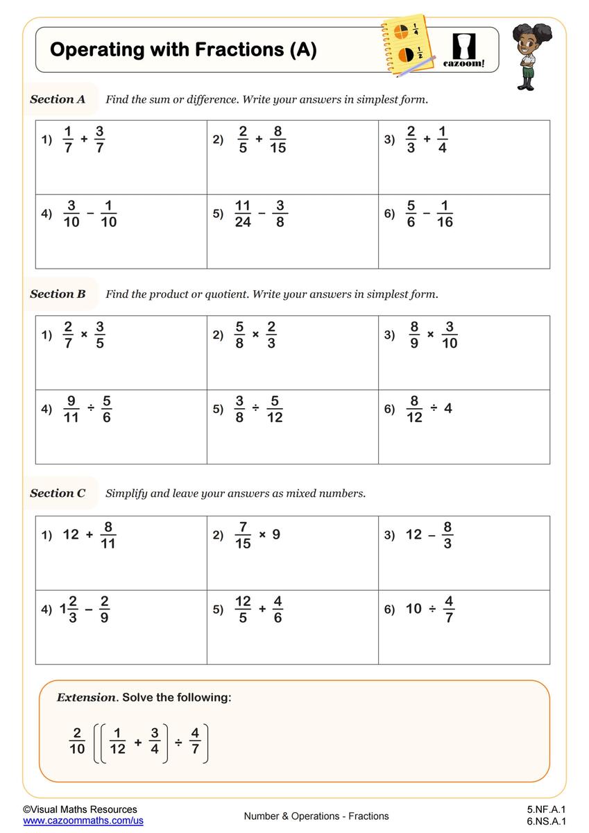 Operations With Fractions A Worksheet 5th Grade PDF Worksheets Cazoom Math Operations With Fractions A Worksheet 5th Grade PDF Worksheets Cazoom Math