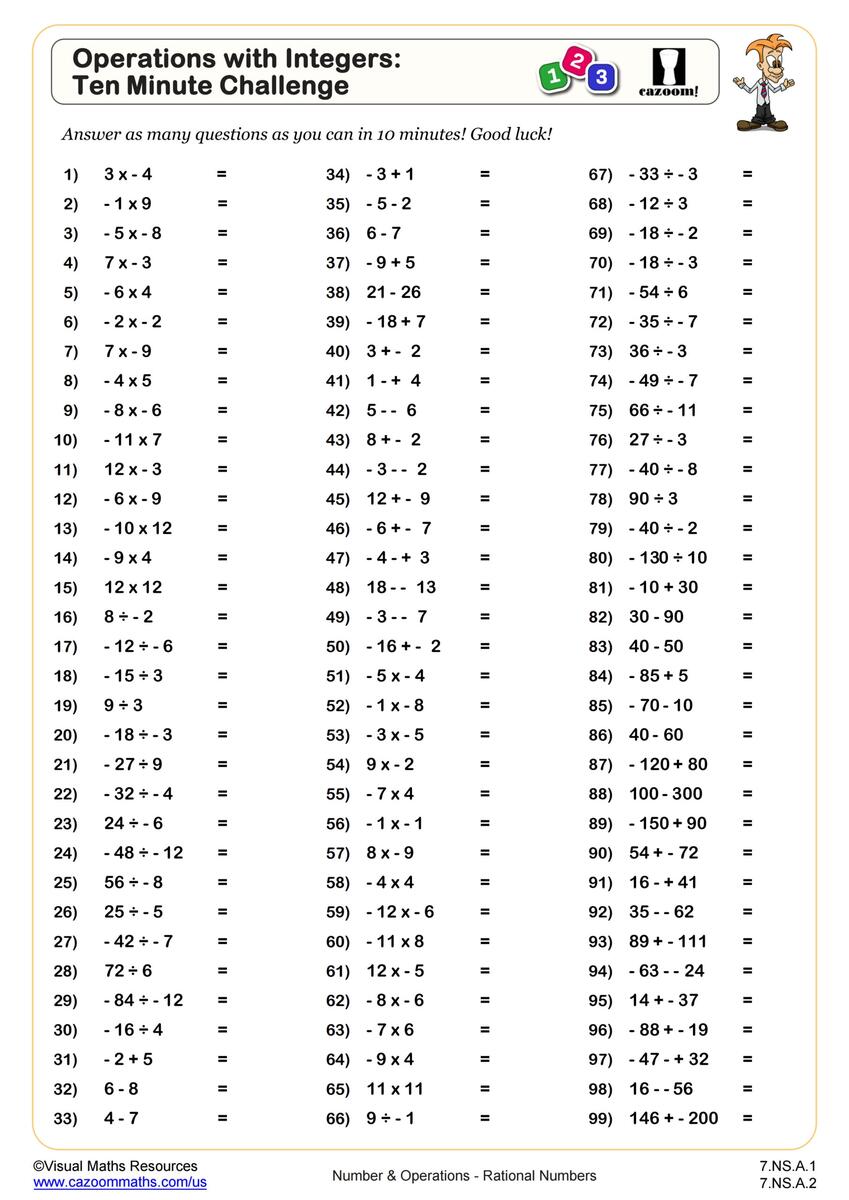 Operations With Integers Ten Minute Challenge Worksheet PDF Worksheets Library