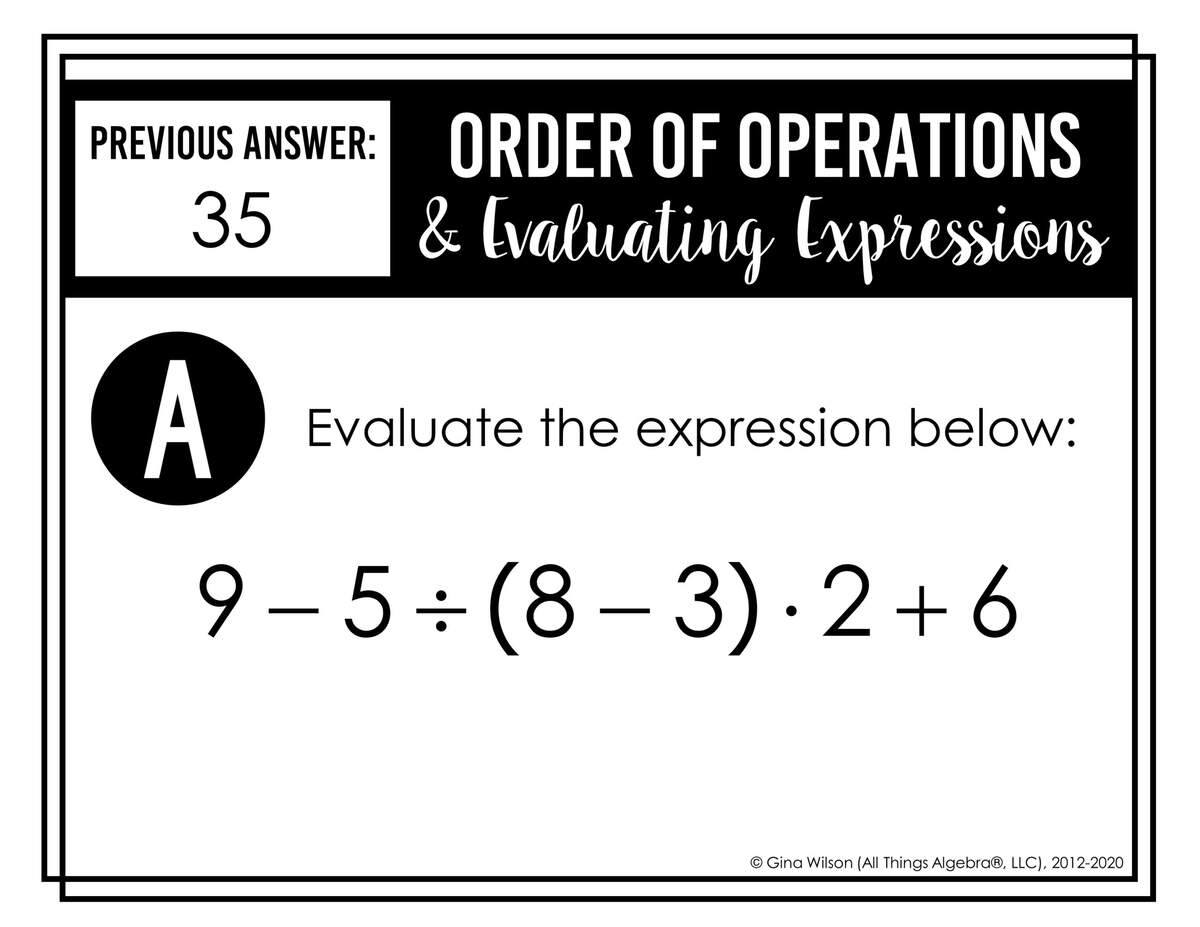 Order Of Operations Evaluating Expressions Scavenger Hunt All Things Algebra