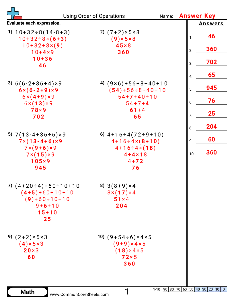 Order Of Operations Worksheets