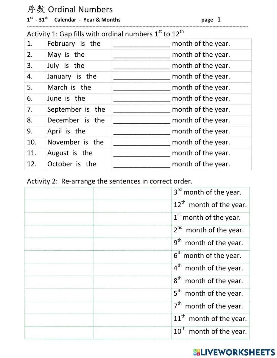 Ordinal Numbers 1 31 Worksheet ESL Math Writing PDF Etsy Israel