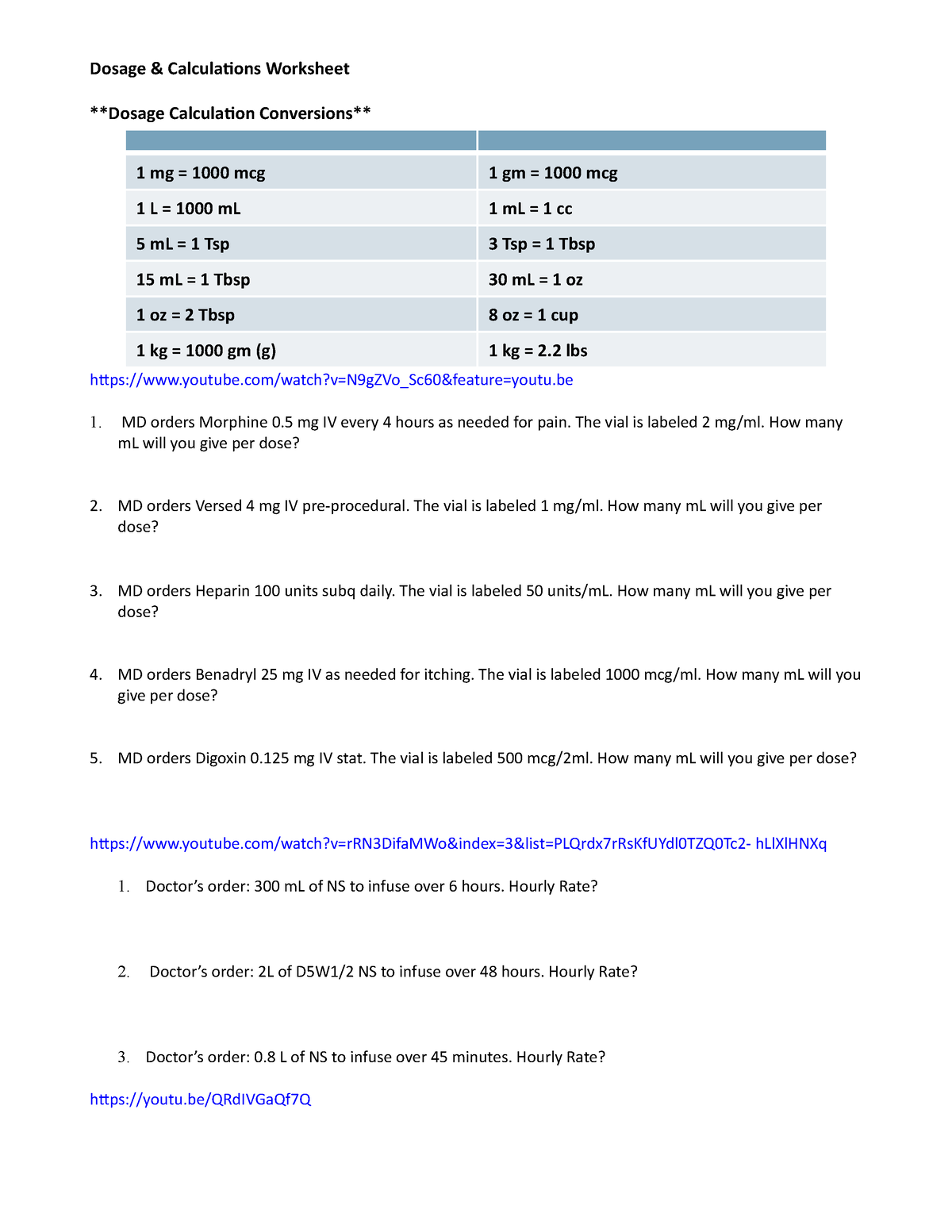 Paramedic Medication Math Worksheet Practice Problems Solutions