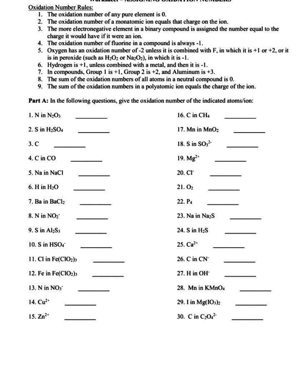 Part A In The Following Questions Give The Oxidation Number Of The Indi